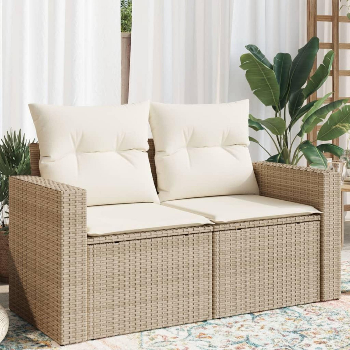 VIDAXL Canape de jardin avec coussins 2 places beige resine tressee