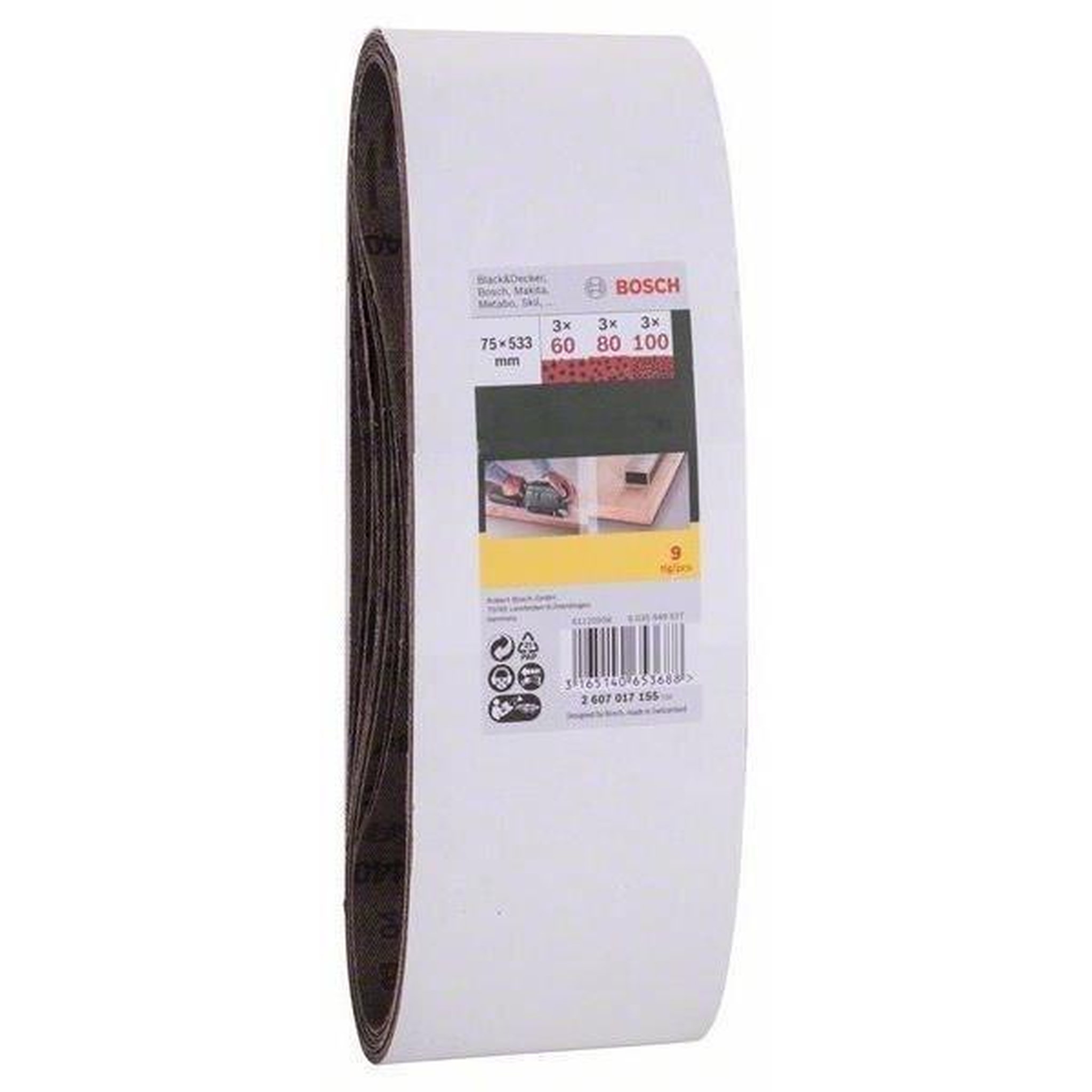 Voir la diapositive 2 : BOSCH Set de 9 abrasifs pour ponceuse a bande 74x533 grain 60/80/100 - bosch