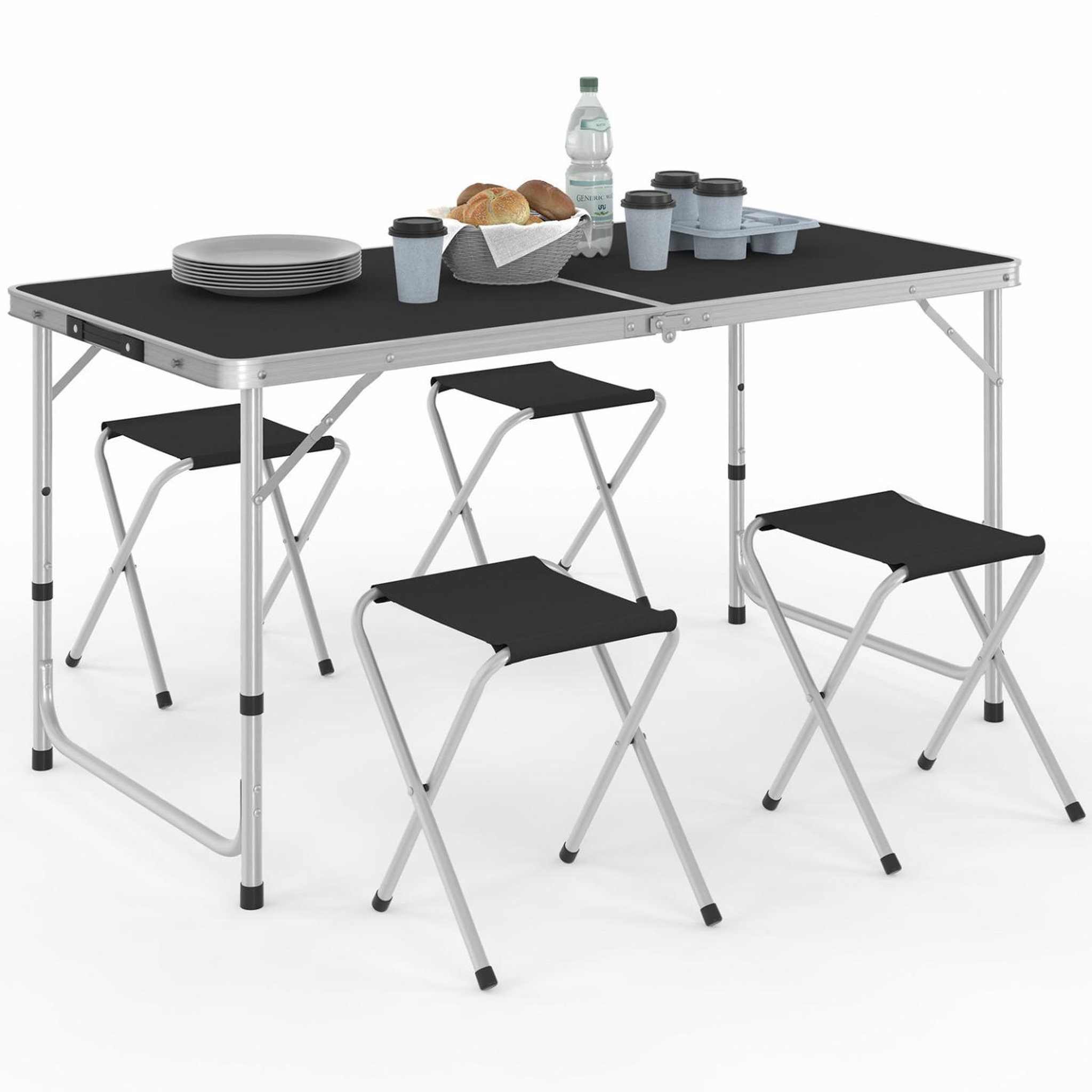 Voir la diapositive 1 : ID MARKET Table de camping pliante d'appoint 120 cm réglable en hauteur et 4 tabourets noirs
