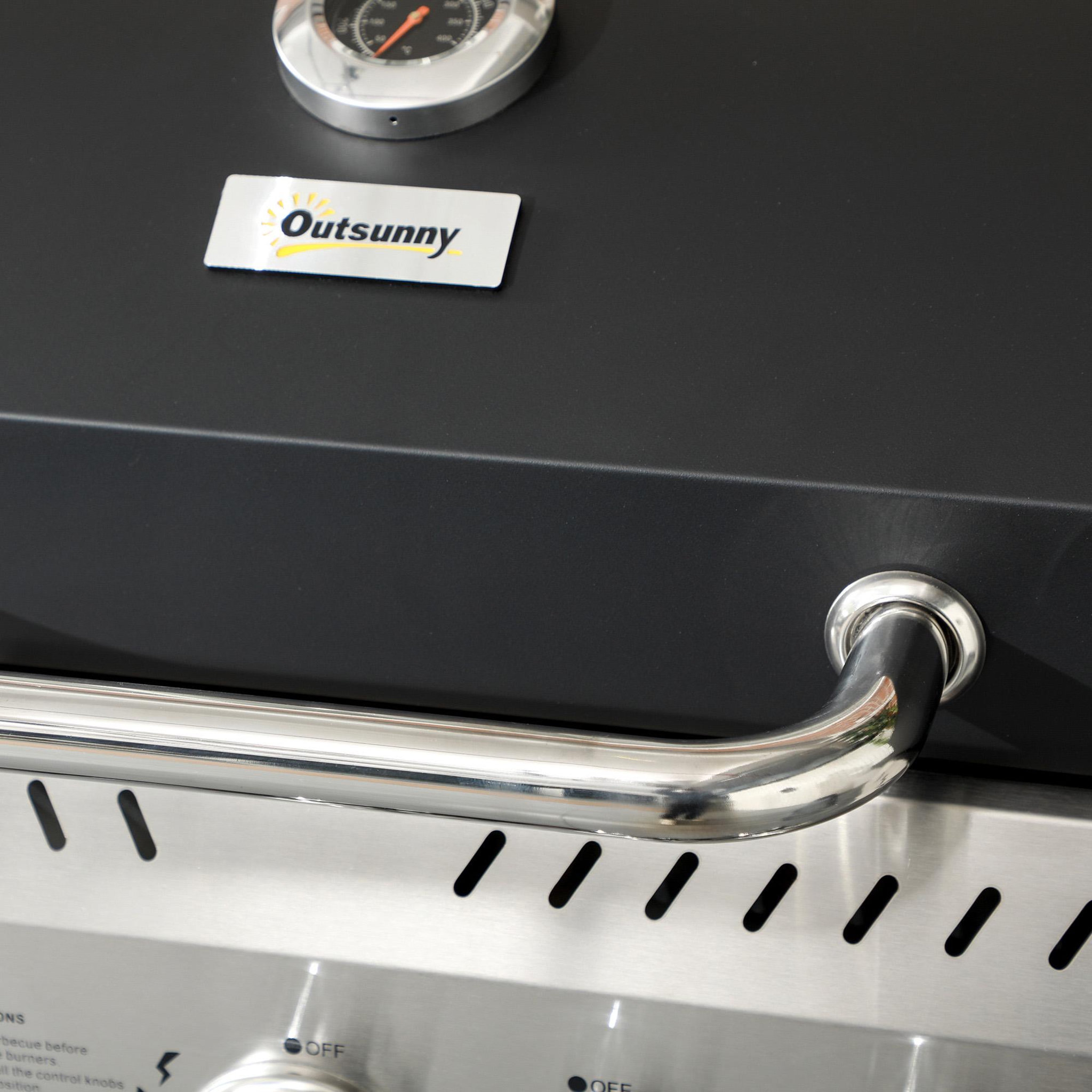 Voir la diapositive 6 : OUTSUNNY Barbecue à gaz 4+1 - 12,5 kW - 2 roues, étagères, thermomètre, décapsuleur, crochets - acier inox noir