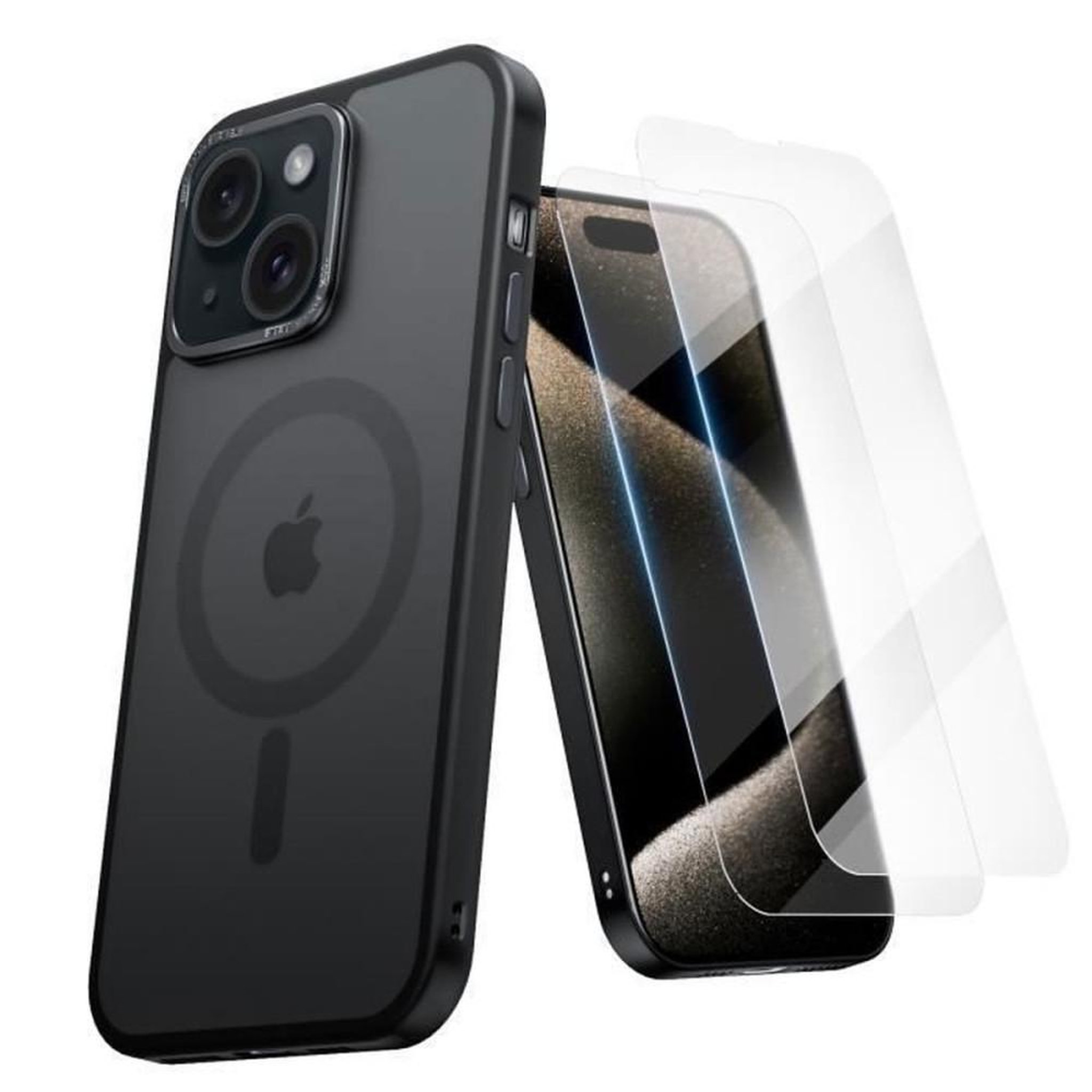 Coque iPhone 15 ultra mince bumper avec protection écran film, TPU soft touch et verre trempé, compatible MagSafe, finition anti traces, protection caméra, noir