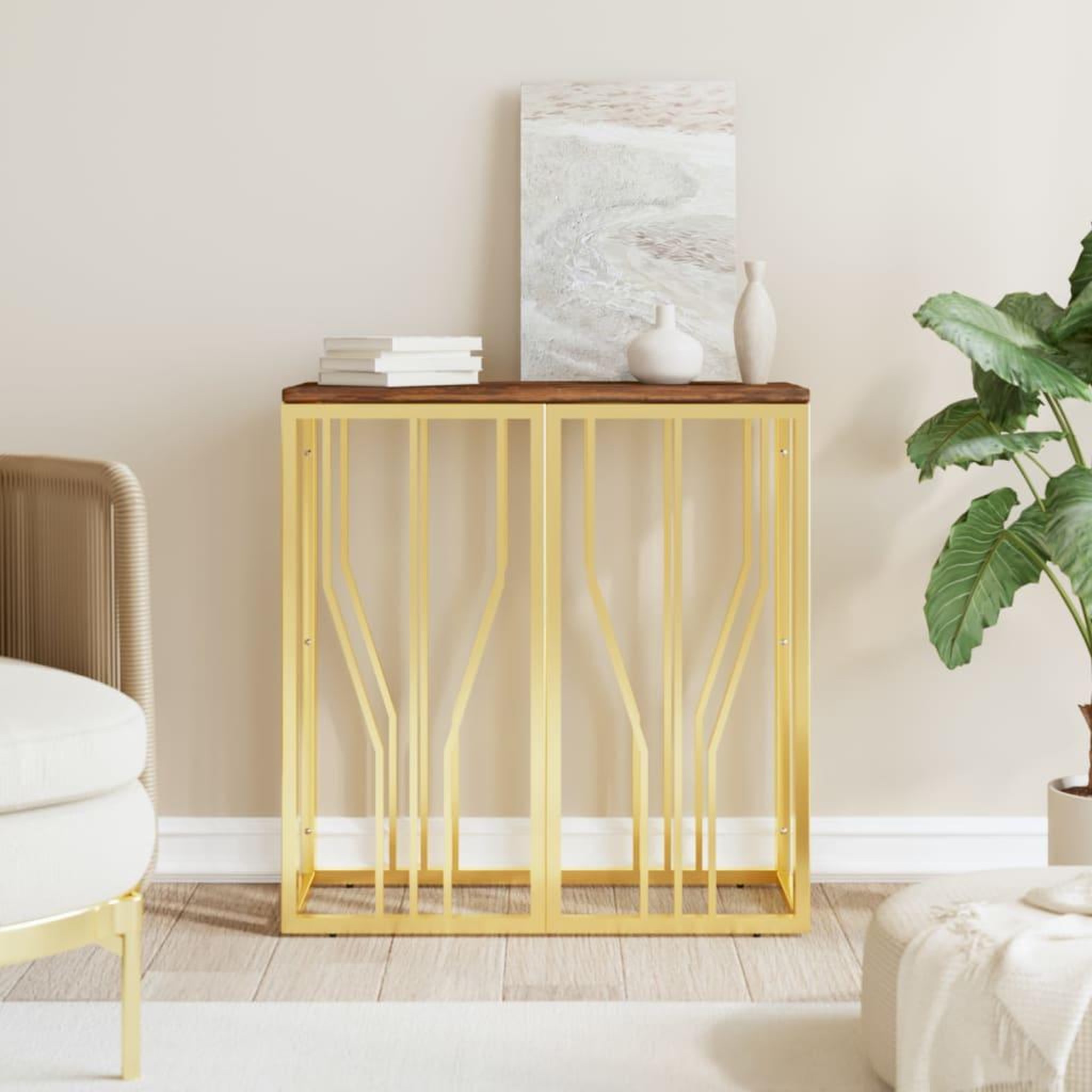 VIDAXL Table console dore acier inoxydable et bois massif recuperation