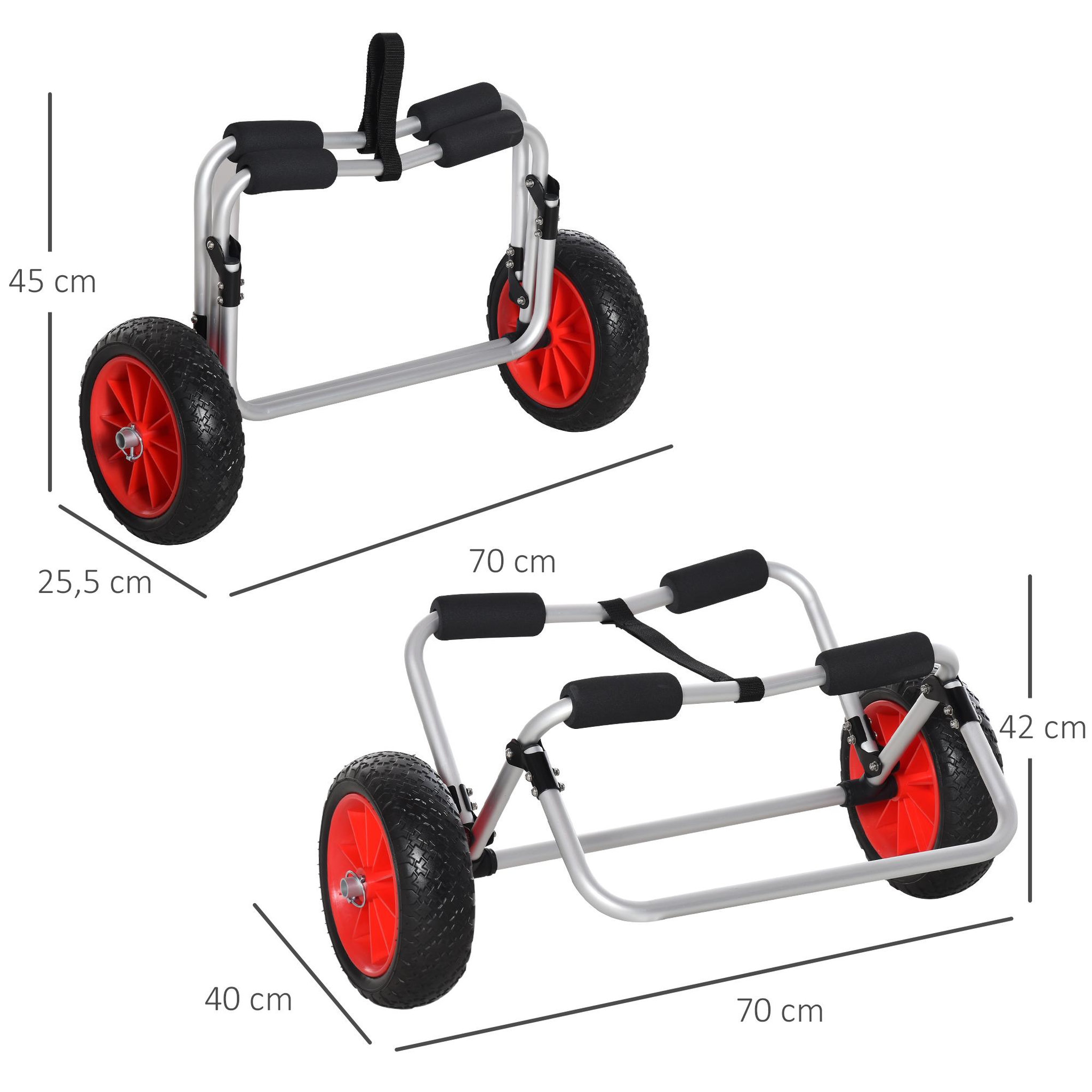Voir la diapositive 3 : HOMCOM Chariot sit on top kayak chariot de transport pliable pour bateaux canoë ou kayak charge max. 90 Kg alu. mousse antidérapante