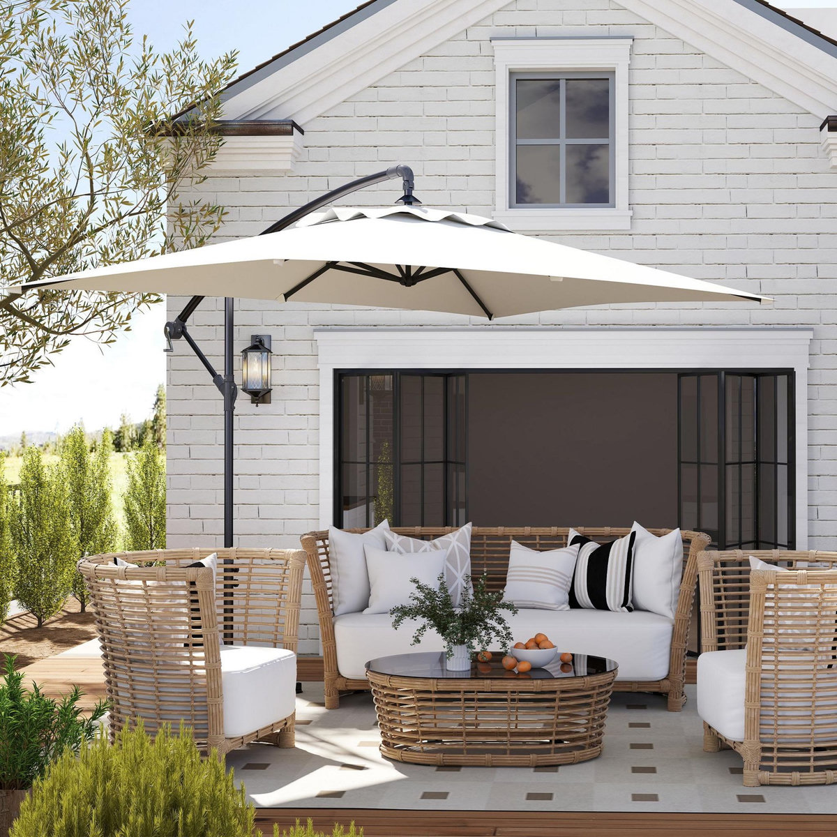 OUTSUNNY Parasol déporté rectangulaire dim. 294L x 193l x 250H cm pied en croix crème