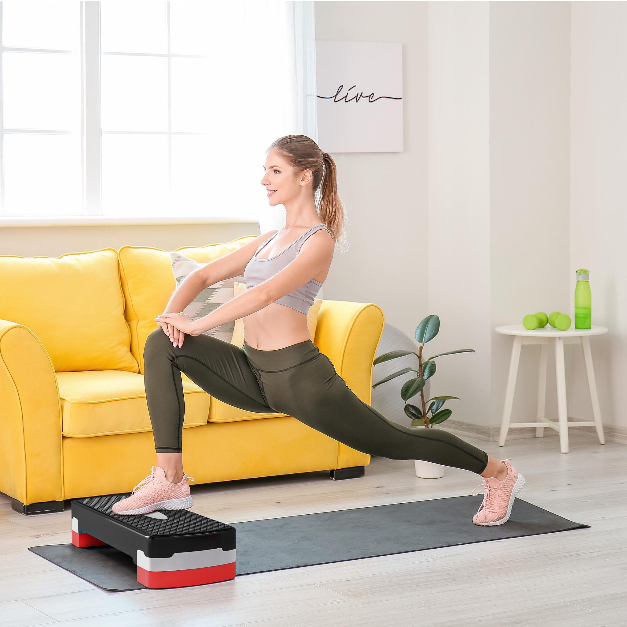 Voir la diapositive 2 : HOMCOM Stepper fitness aerobic hauteur reglable surface antiderapante dim. 68l x 29l x 10-15h cm plastique noir gris rouge