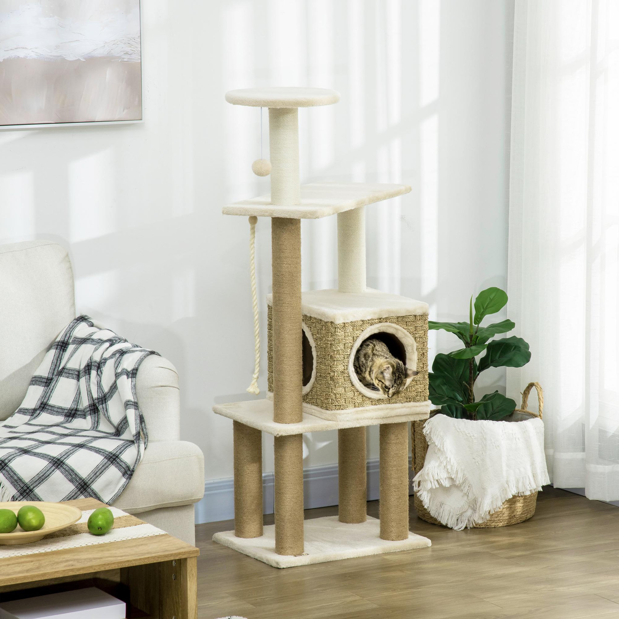Voir la diapositive 2 : PAWHUT Arbre à chat style cosy chic griffoirs sisal naturel niche plateformes corde jeu boule peluche courte cordes d'algues tressées