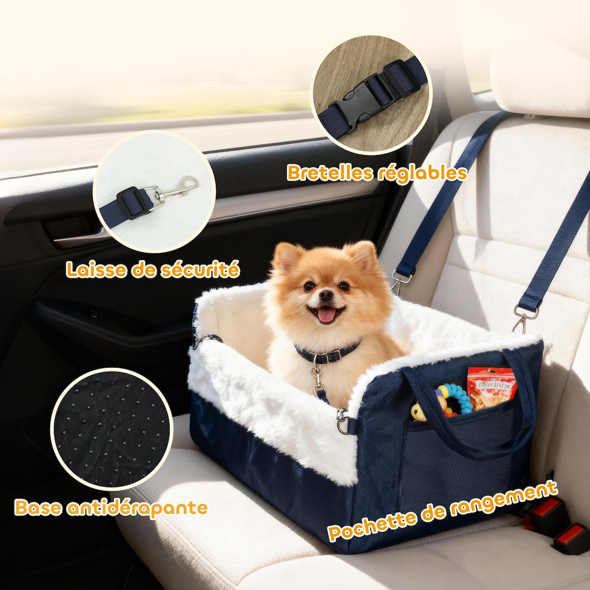 PAWHUT Siège auto sac de transport chien 2 en 1 - réglable - revêtement effet fourrure déhoussable - polyester bleu