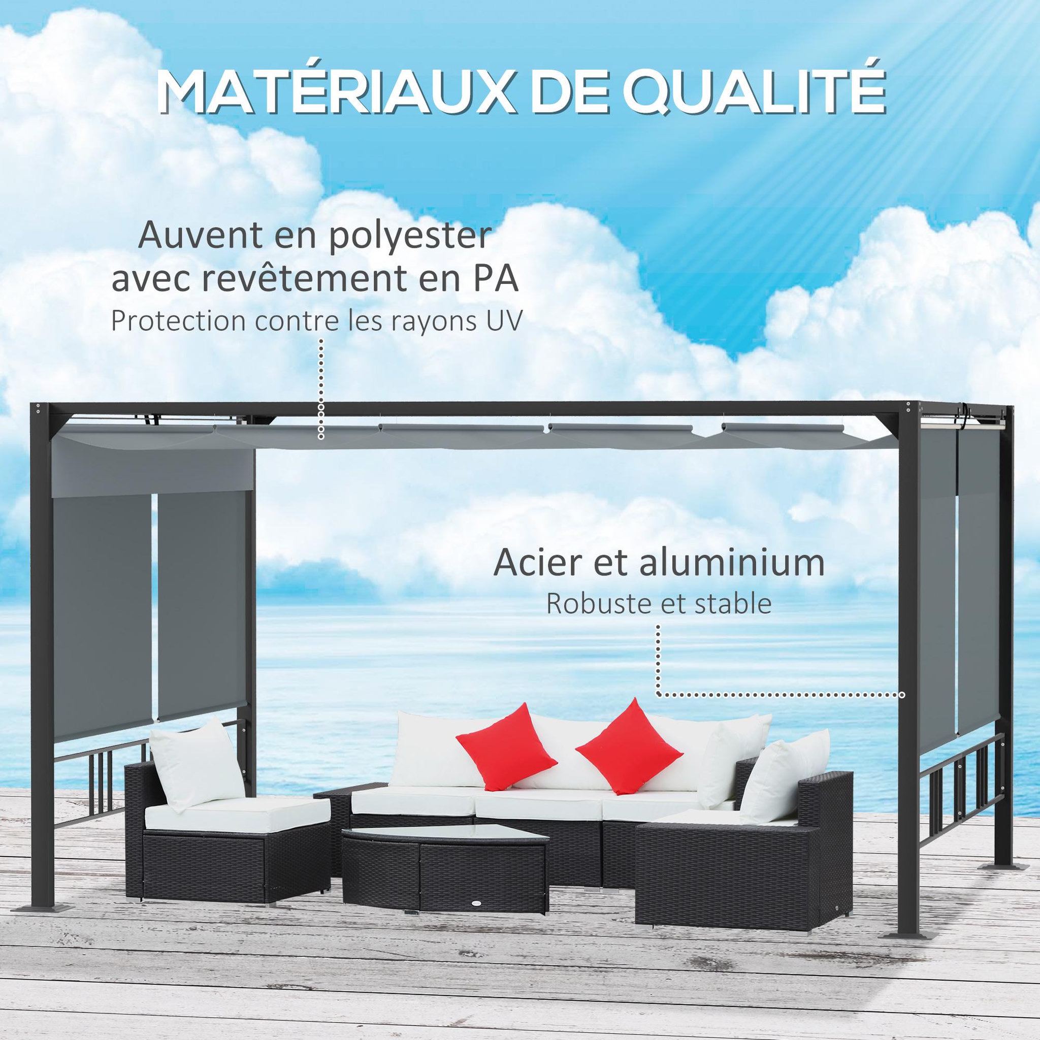 Voir la diapositive 4 : OUTSUNNY Pergola rétractable 3,9L x 2,9l x 2,2H m structure alu. acier époxy noir double toile polyester haute densité gris