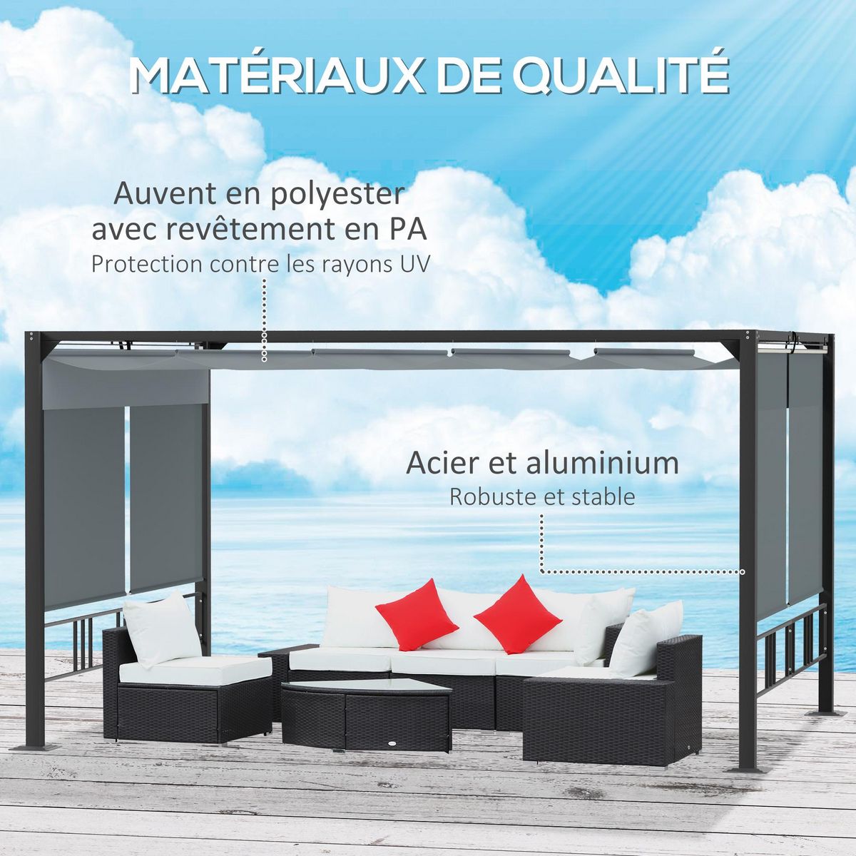 OUTSUNNY Pergola rétractable 3,9L x 2,9l x 2,2H m structure alu. acier époxy noir double toile polyester haute densité gris