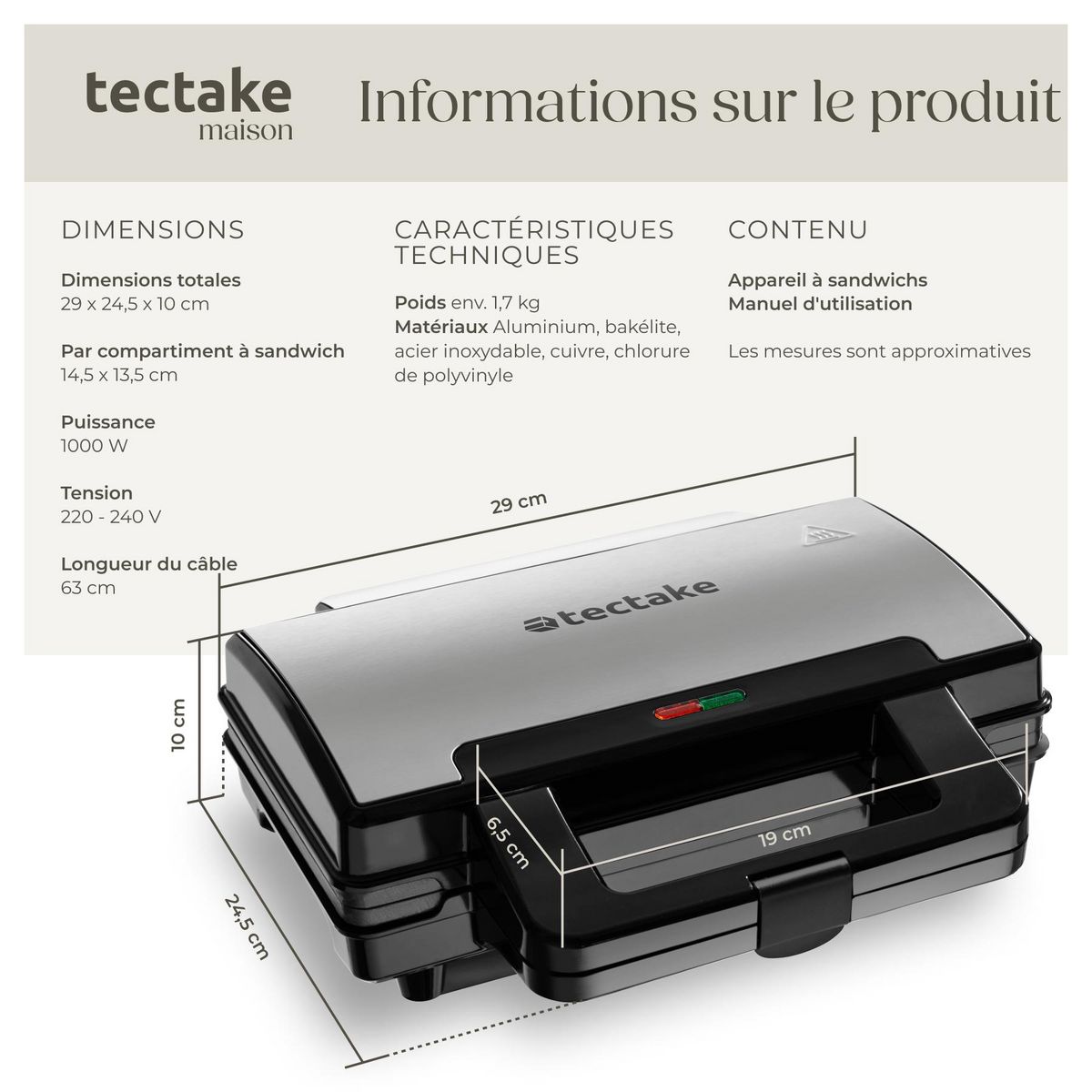 tectake Appareil à sandwichs avec boîtier en aluminium résistant à la chaleur, 1000 W argent