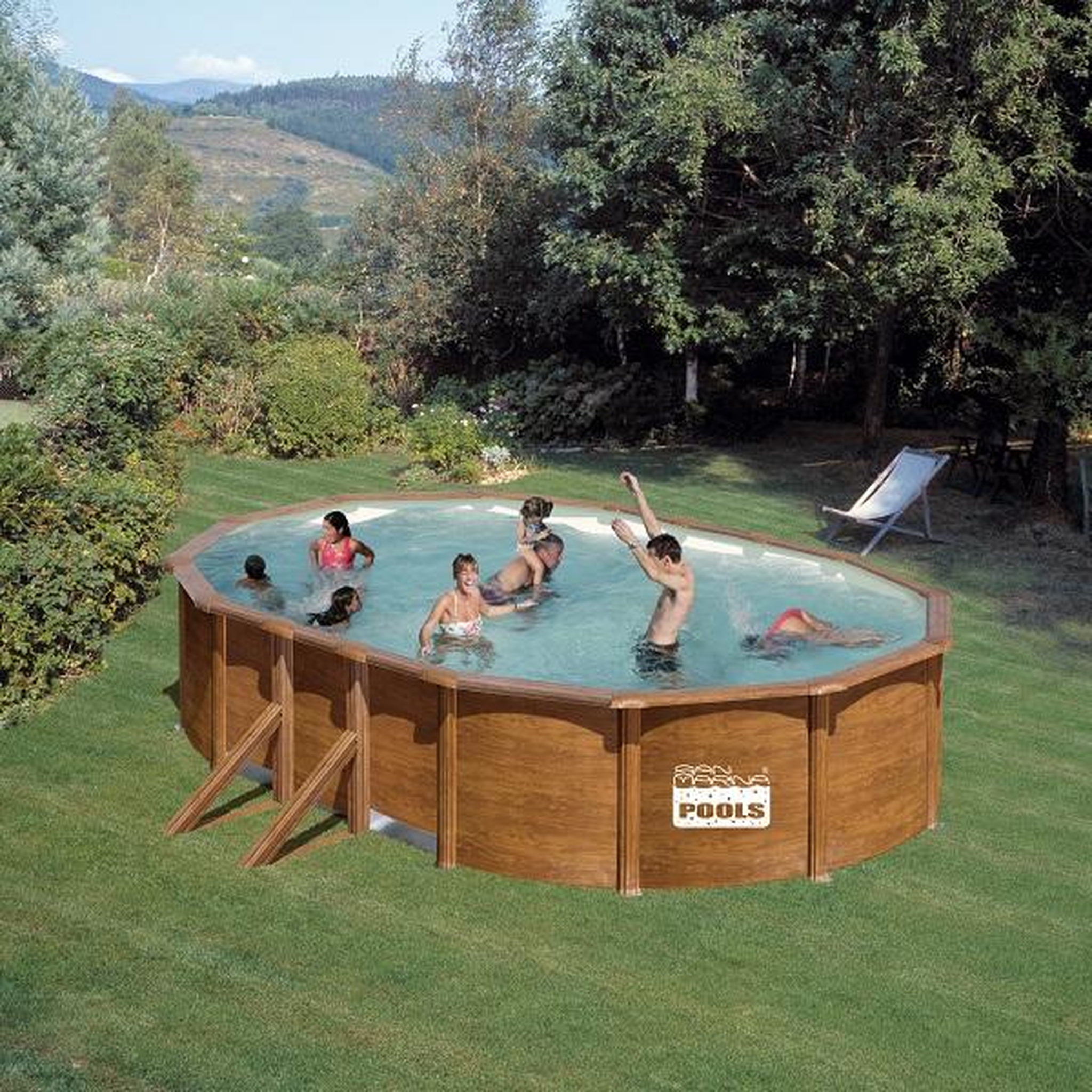 GRE Piscine ovale acier 6,34m x 3,99m x H: 1,22m - Imitation bois - Filtration à sable - Renfort apparents