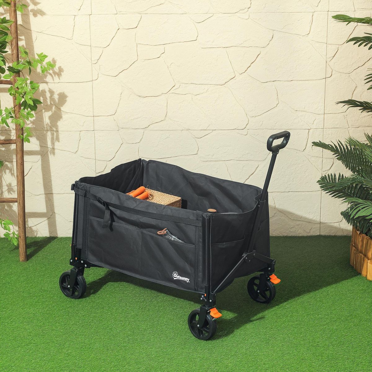 OUTSUNNY Chariot de jardin pliable 155L - chariot de transport - chariot de plage max 100Kg - noir