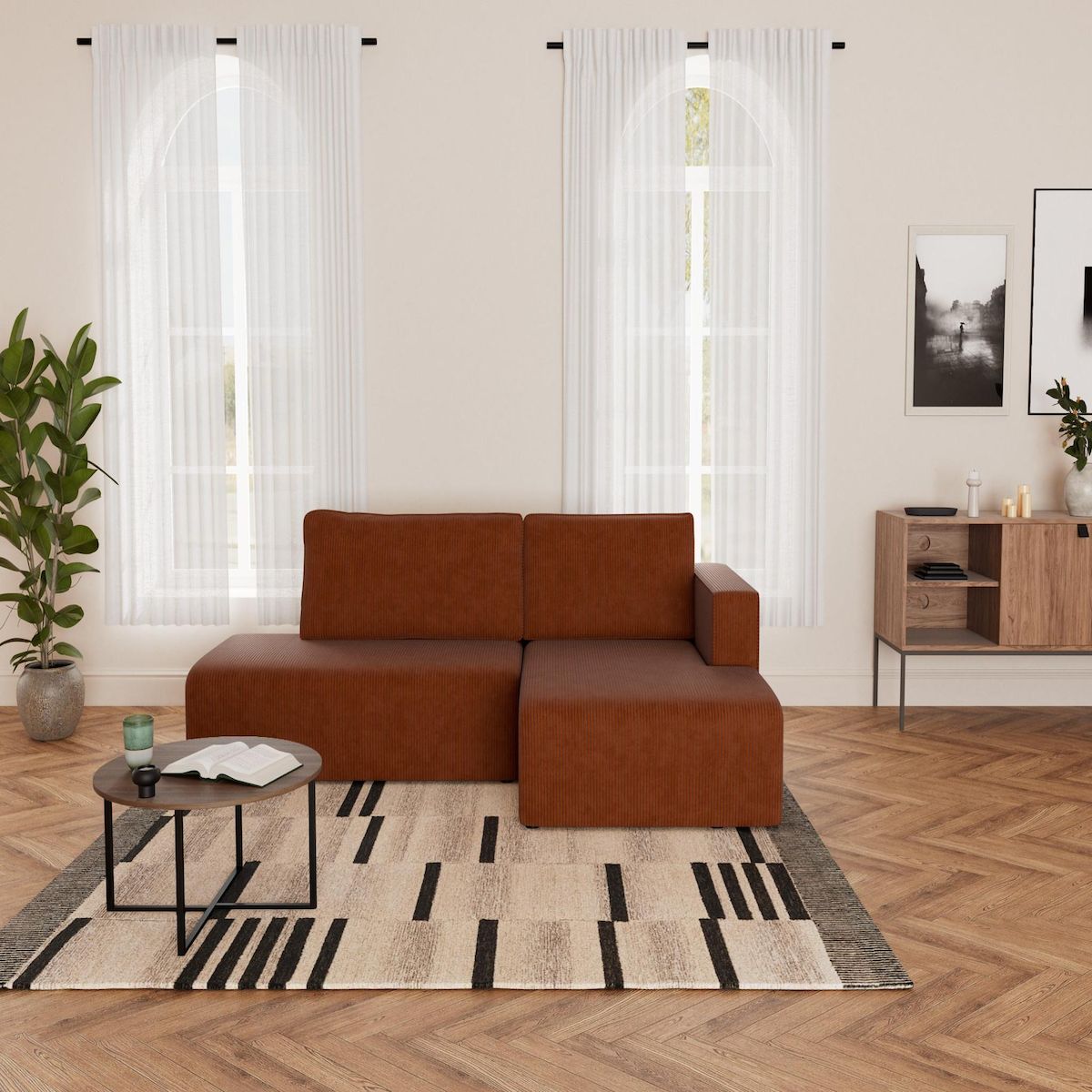 BEST MOBILIER Topaze - canapé d'angle droit 4 places convertible avec coffre en velours côtelé