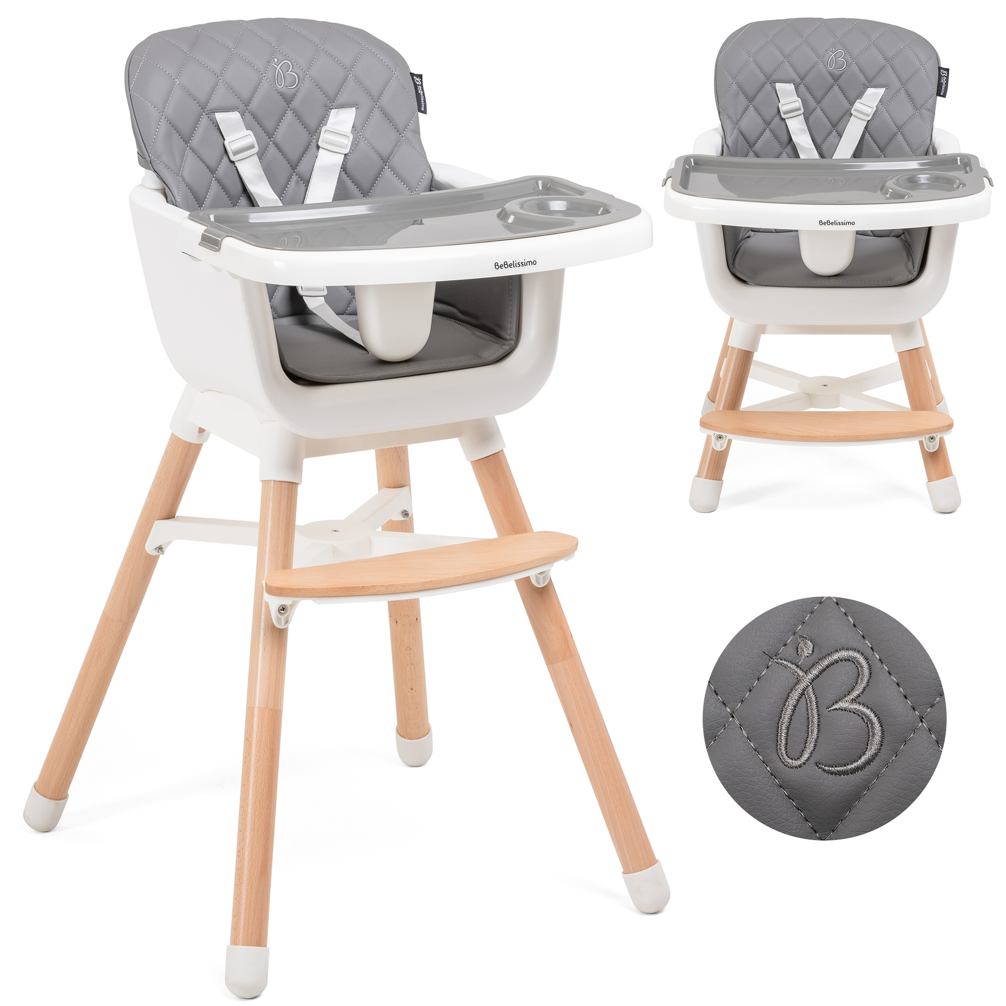 BEBELISSIMO Bebelissimo - Chaise haute 2 en 1 - Evolutive - Réglable - bois de Hêtre - PU cuir - gris foncé -HA-032 - new design