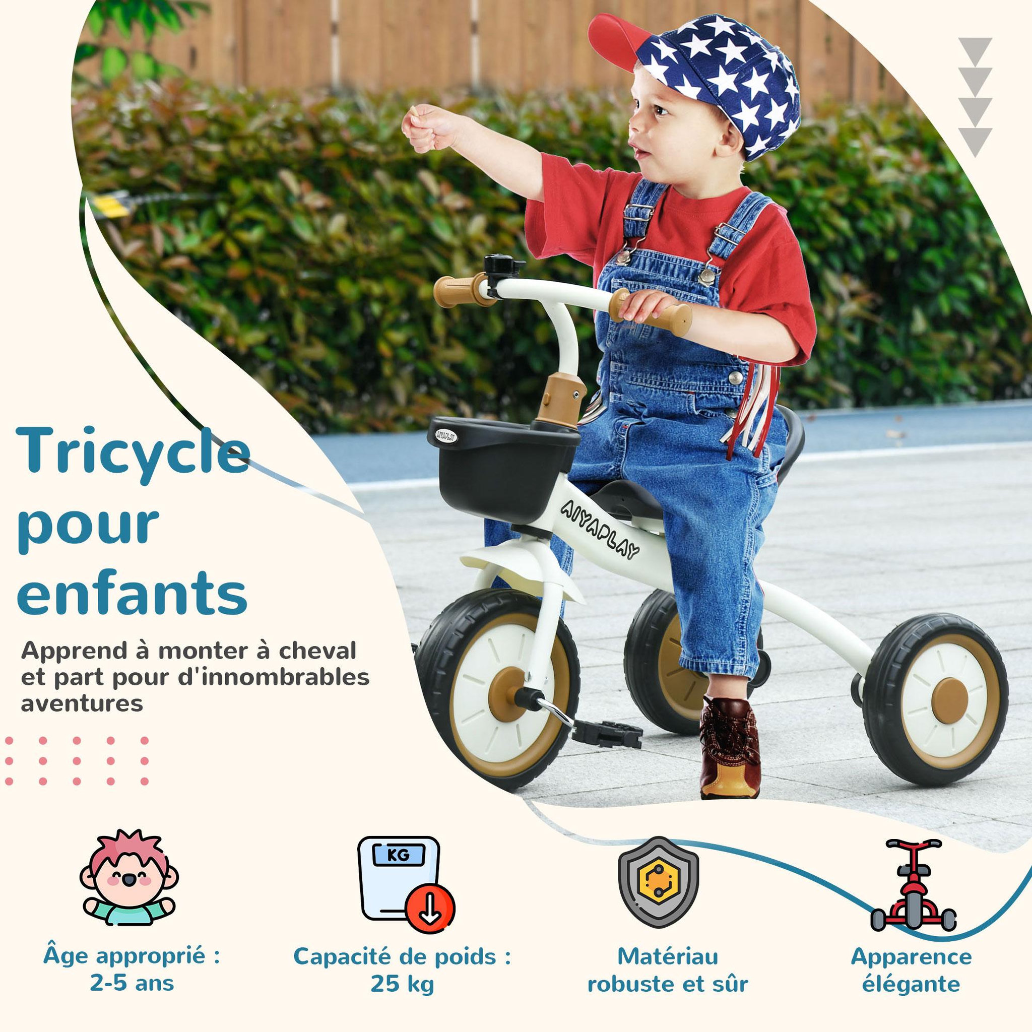 Voir la diapositive 4 : HOMCOM Tricycle enfant multi-équipé garde-boue sonnette panier pédales antidérapantes siège réglable avec dossier métal blanc