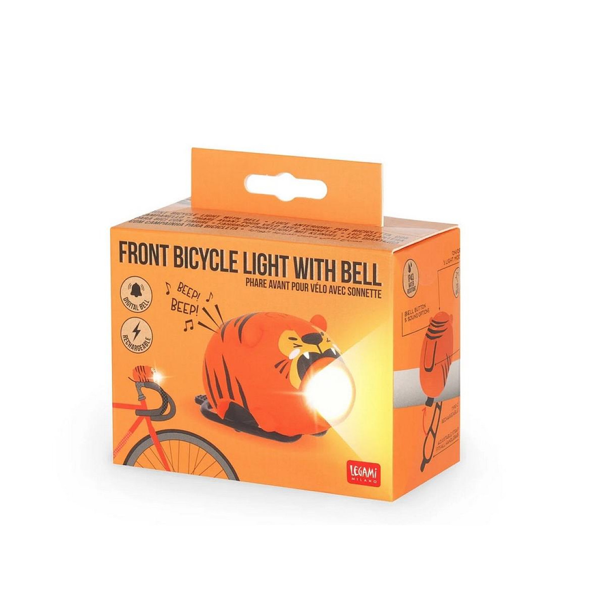 Voir la diapositive 5 : LEGAMI Phare Avant pour Velo Rechargeable avec Sonnette - Tigre