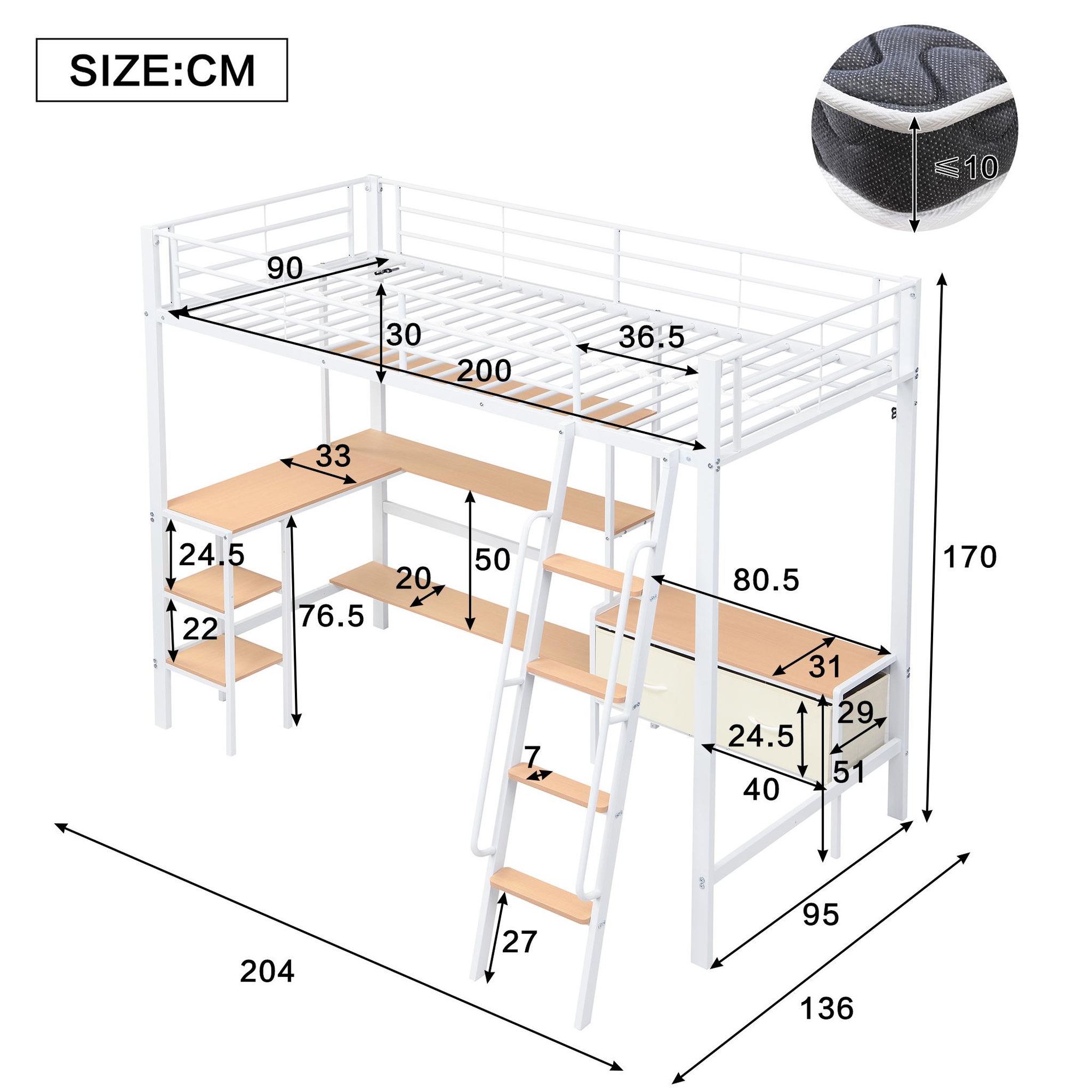 Voir la diapositive 3 : MERAX Lit mezzanine 90x200 cm avec bureau rangement étagère et échelle inclinée en métal blanc