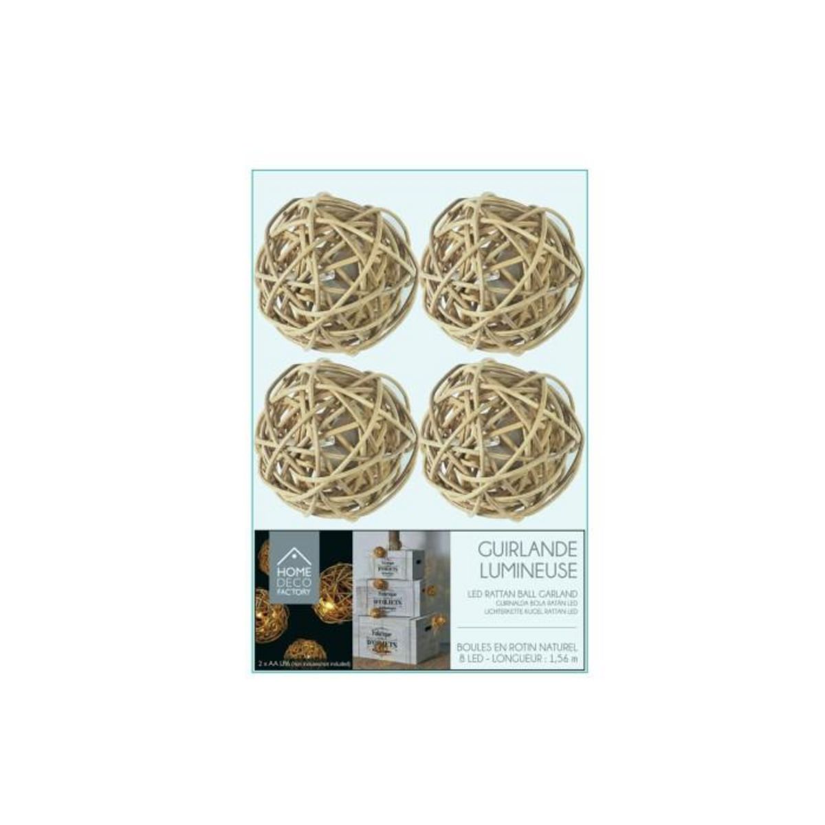 Paris Prix Guirlande Lumineuse 8 LED  Boule Rotin  156cm Naturel