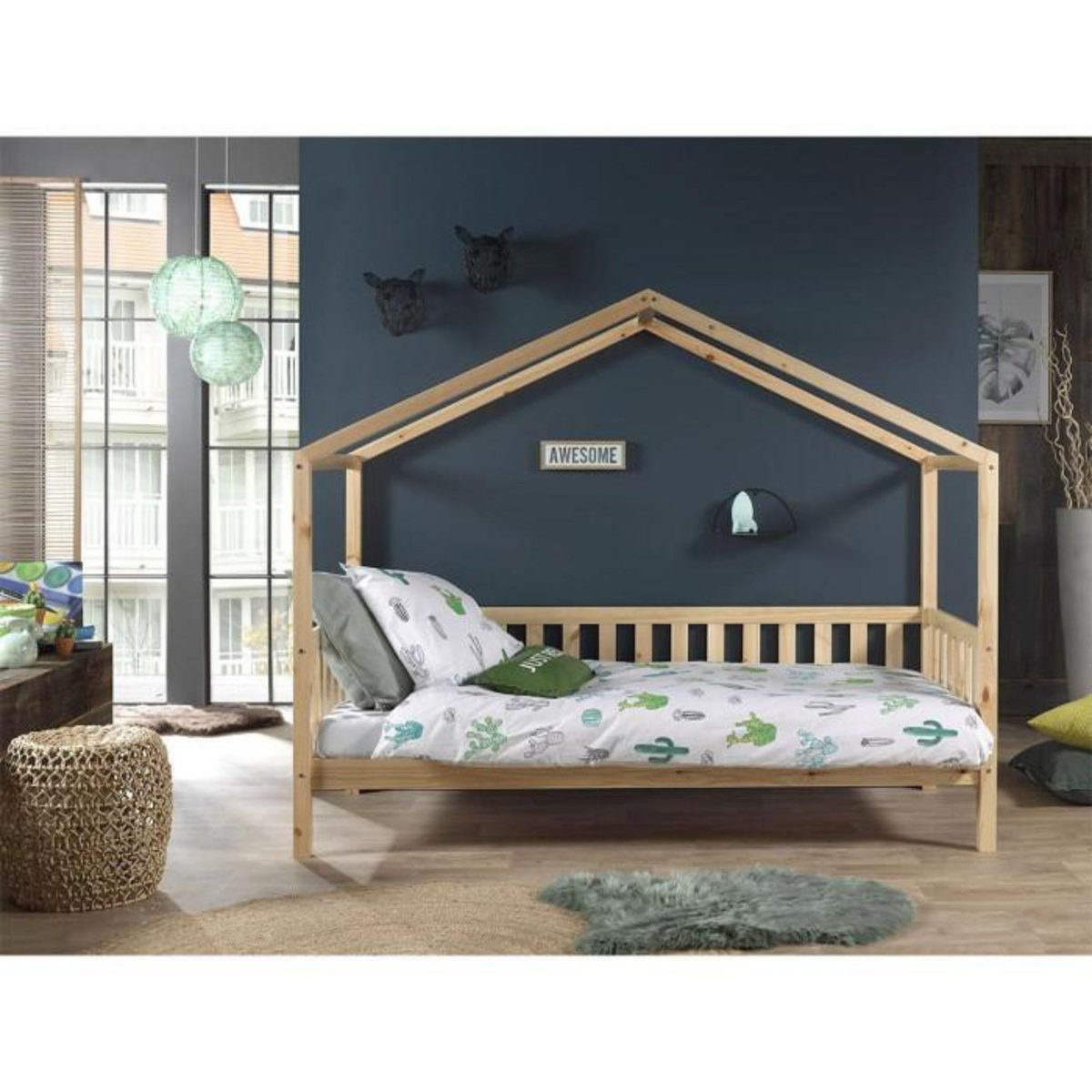 Paris Prix Pack - Lit Enfant Cabane & Matelas  Dallas II  90x200cm Naturel