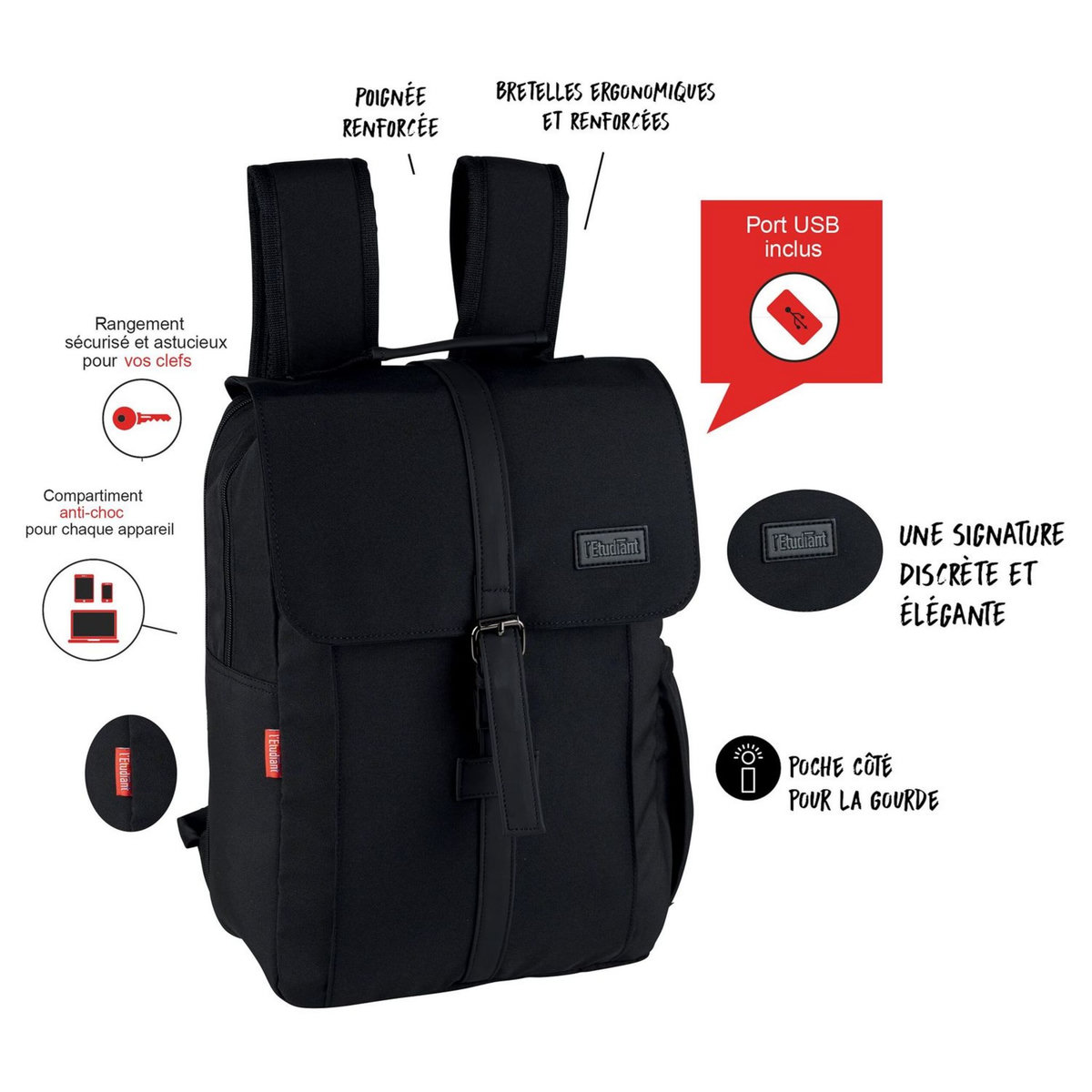 l'étudiant Sac à dos roll top 1 compartiment noir