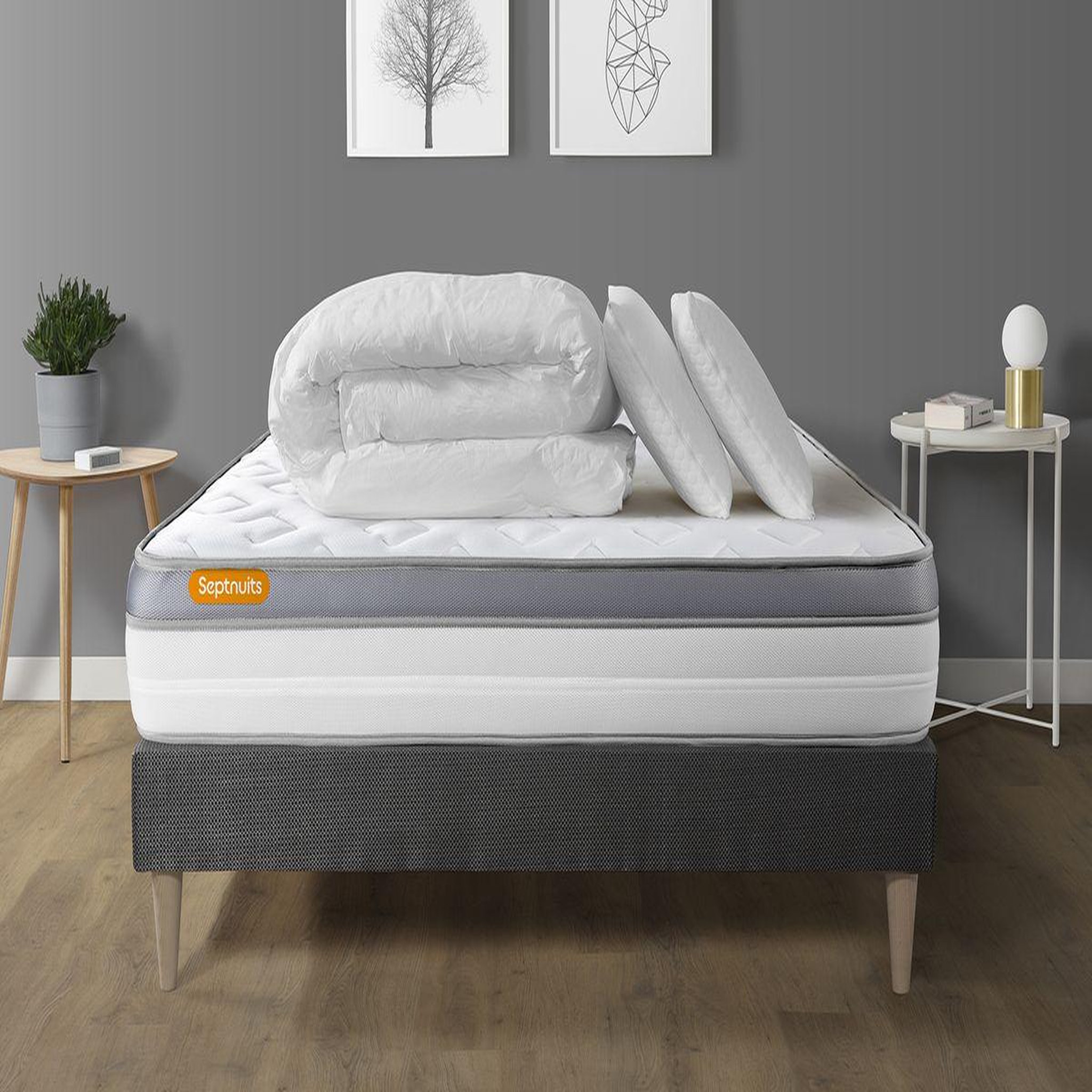 Voir la diapositive 1 : SEPTNUITS Pack matelas + sommier kit gris Memo Zen Mousse à mémoire de forme MAXI épaisseur + Couette + 2 oreillers