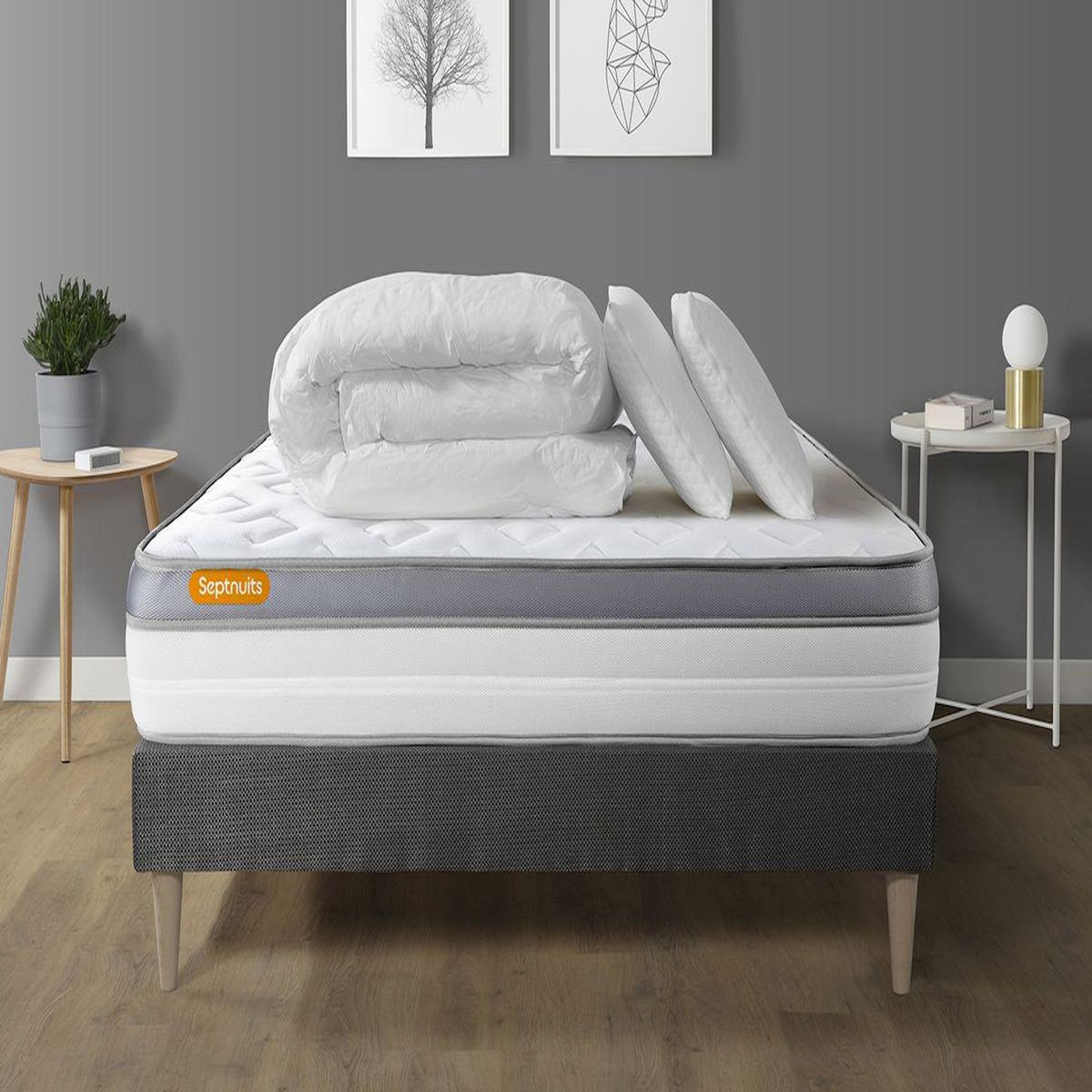 SEPTNUITS Pack matelas + sommier kit gris Memo Zen Mousse à mémoire de forme MAXI épaisseur + Couette + 2 oreillers