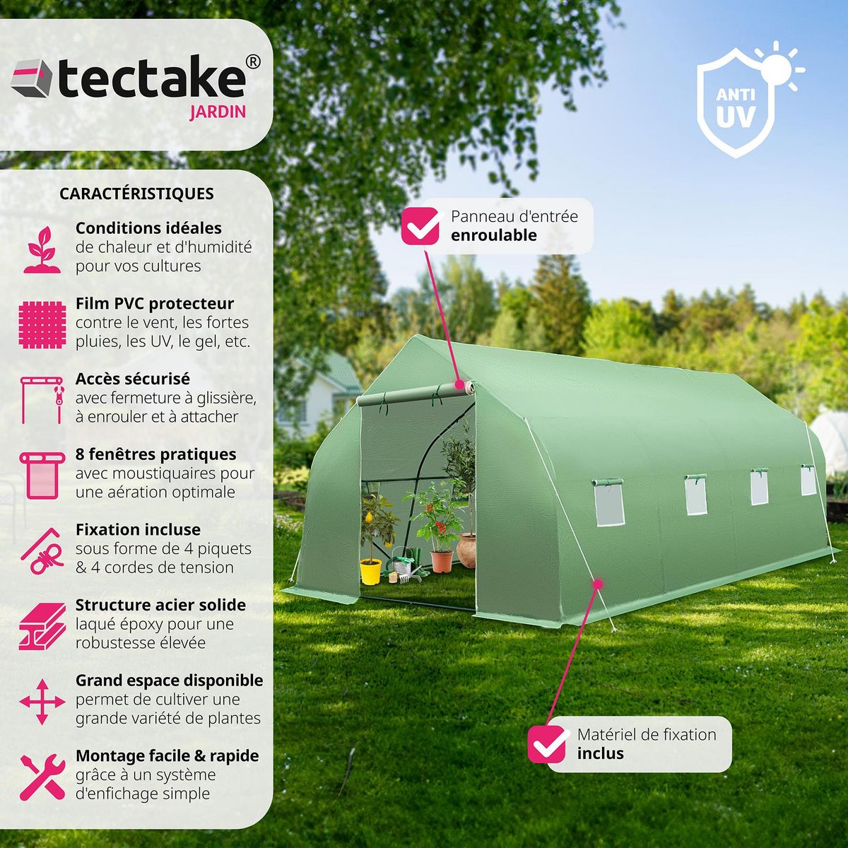 tectake Serre tunnel 27 m³ en forme de tente avec 8 fenêtres vert