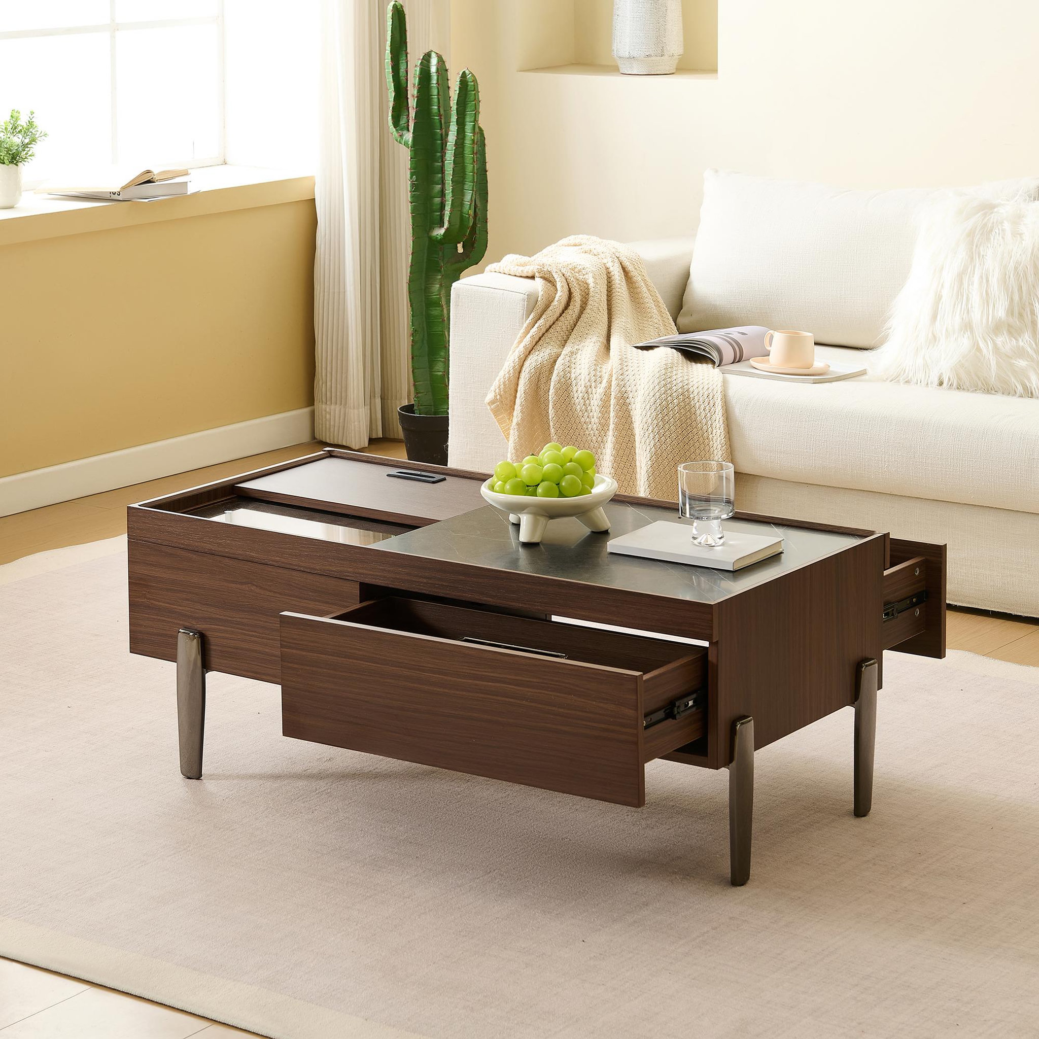 Voir la diapositive 5 : MERAX Table basse rectangulaire marron avec 2 tiroirs - 50x105 cm mdf