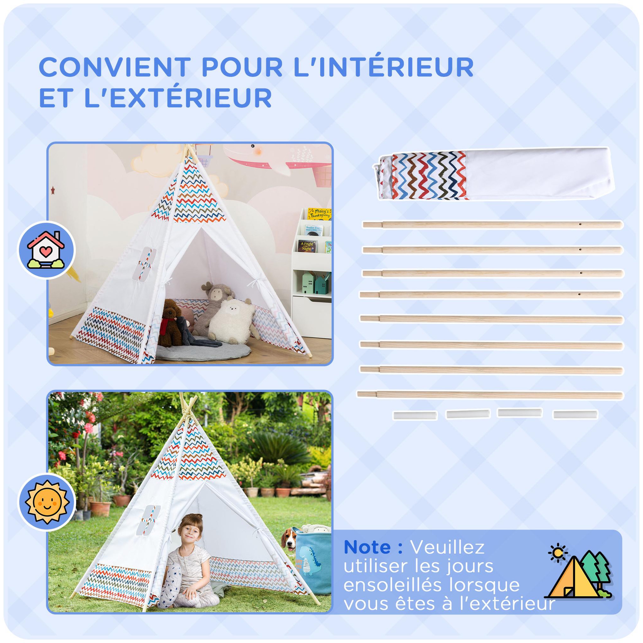 Voir la diapositive 4 : HOMCOM Tente teepee indien enfant style graphique - dim. 1,2L x 1,2I x 1,55H m - porte refermable, fenêtre - structure bois, toile polyester coton blanc multicolore