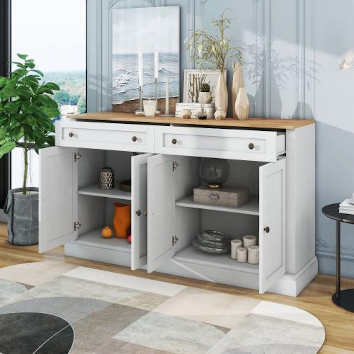 MERAX Buffet 4 porte(s) 2 tiroir(s) - 150 cm blanc+naturel panneau de particules
