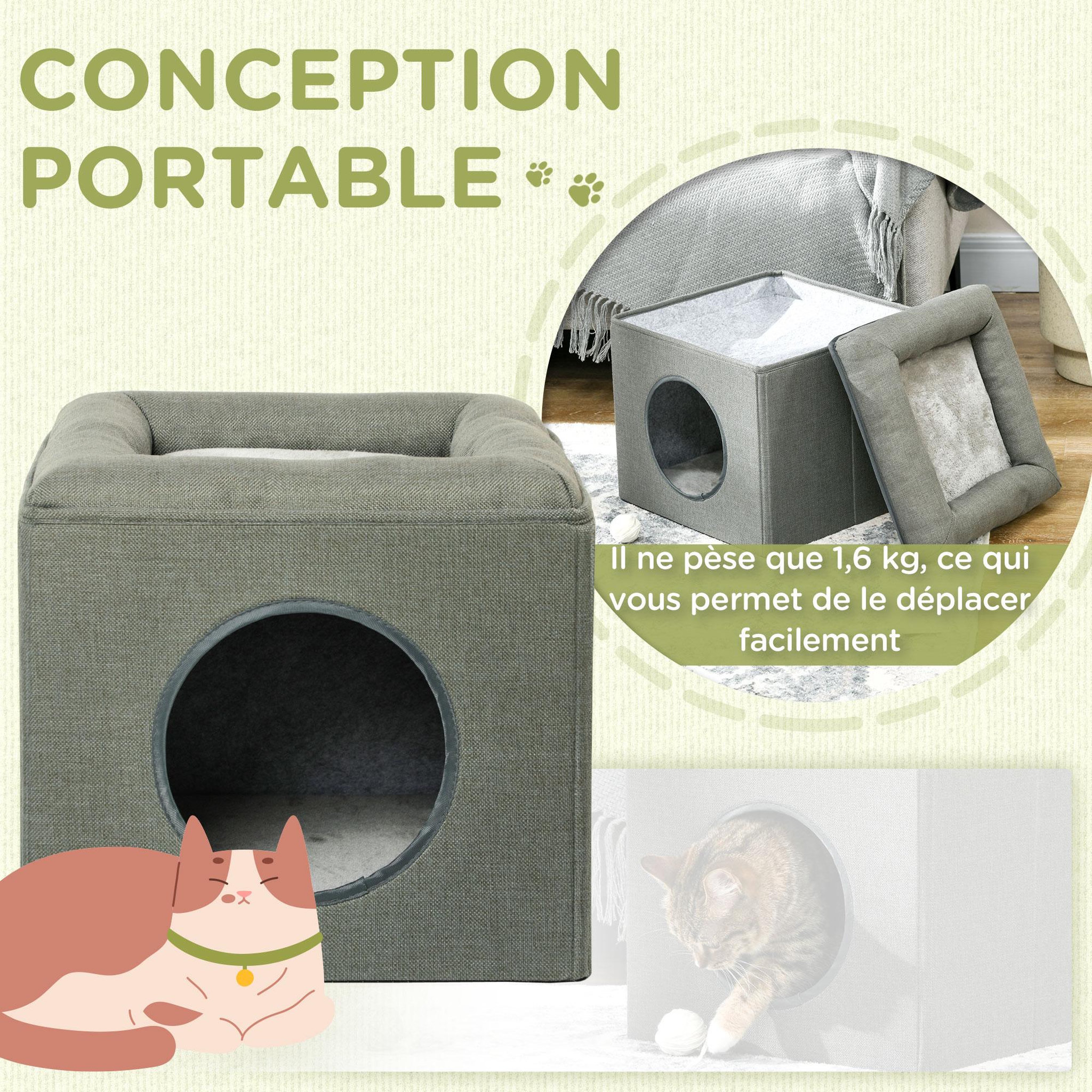 Voir la diapositive 6 : PAWHUT Panier chat pouf 2 en 1 - coussin amovible lavable - mdf pvc tissu aspect lin vert de gris