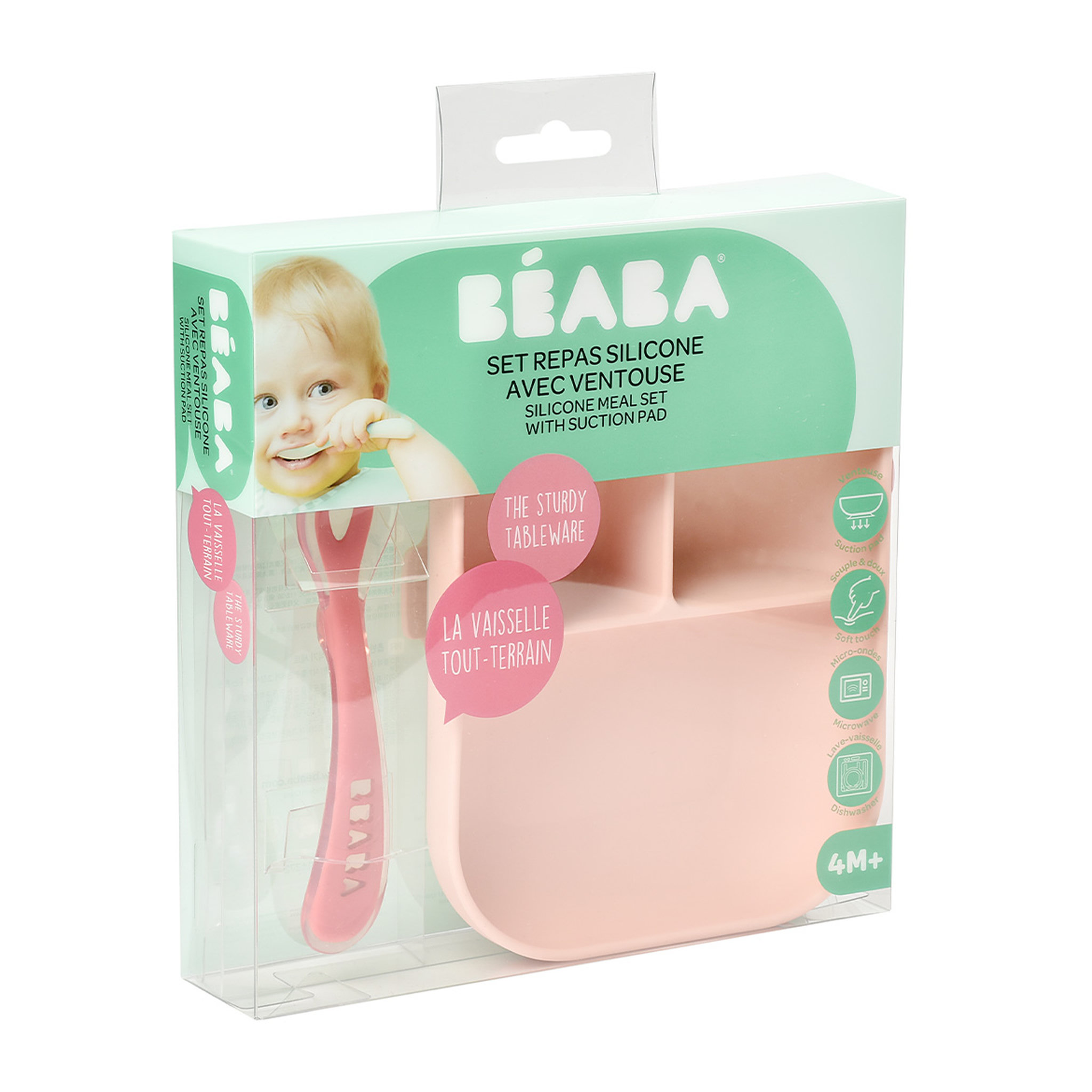 Voir la diapositive 2 : BEABA Set repas silicone 2 pièces compartimenté - rose