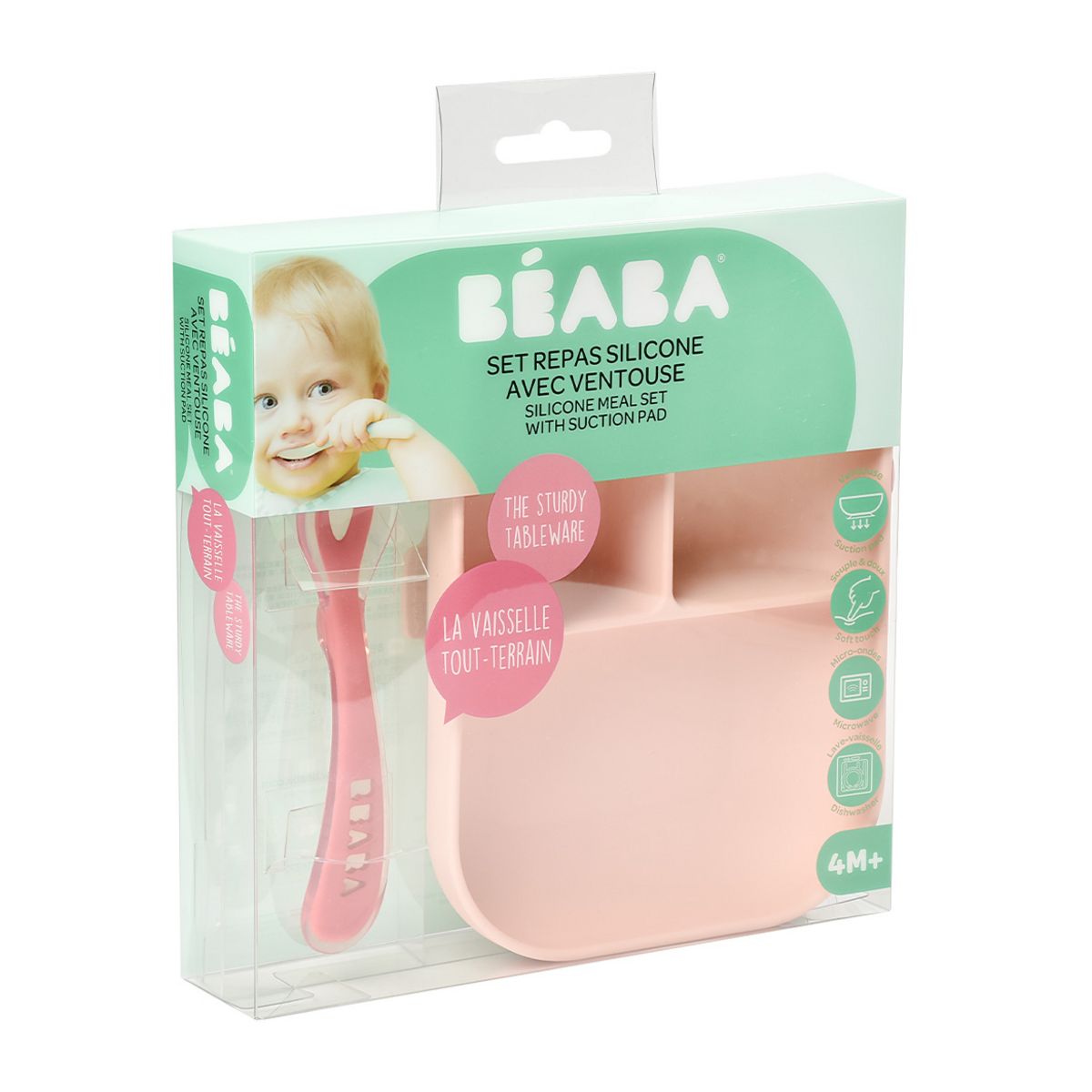BEABA Set repas silicone 2 pièces compartimenté - rose