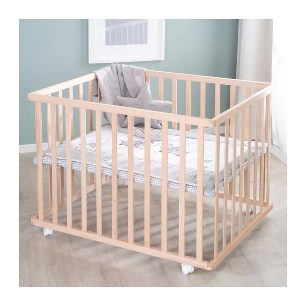 Roba Parc Bébé sur Roulettes - ROBA - Jumbotwins - Réglable en Hauteur - Tapis de Parc Inclus - Bois Massif Naturel - Motif Élép