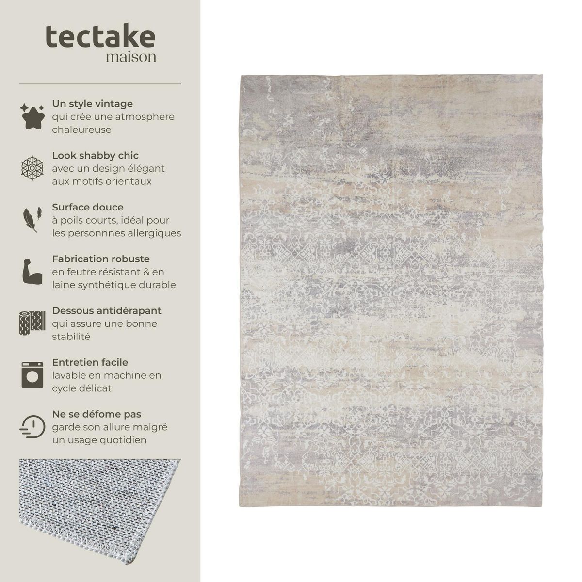tectake Tapis design vintage à poils courts en laine synthétique et feutre beige 240 x 340 cm