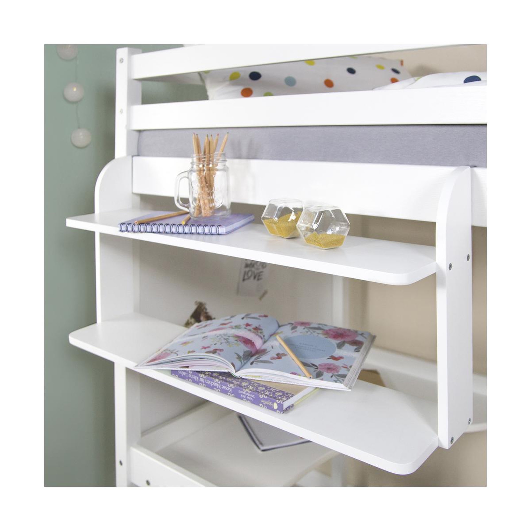 Voir la diapositive 2 : HomeStyle4U Etagère double suspendue blanche en bois 83cm à fixer à un lit