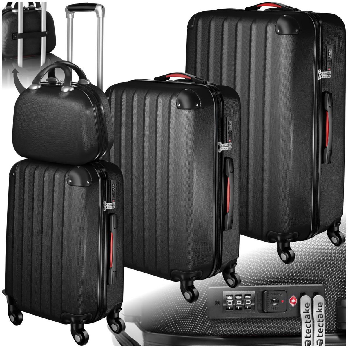 tectake Set de valises trolley rigides 4 pièces, 3 trolleys et une trousse de beauté en plastique ABS robuste noir