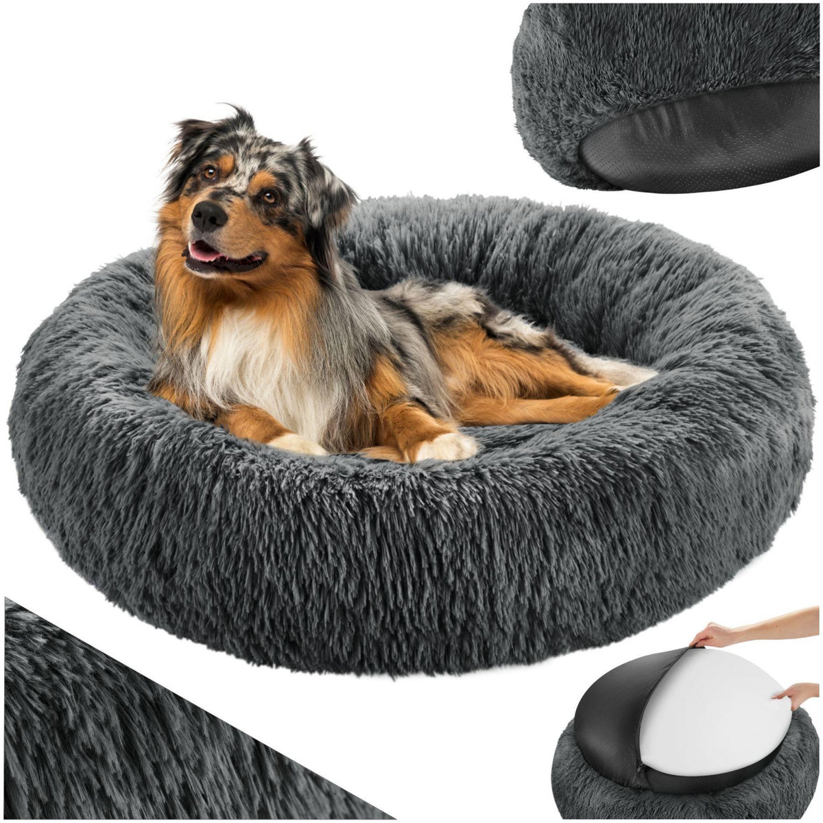 tectake Panier pour chien rond avec maille peluche longue gris Ø 60 cm