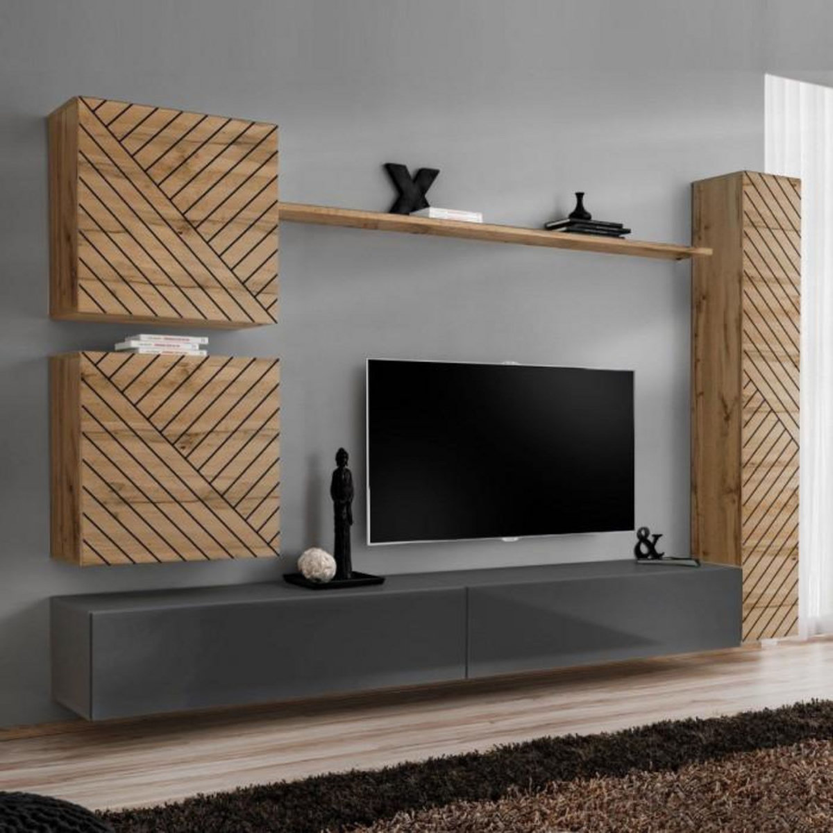 Paris Prix Ensemble Meuble TV  Switch Lamel VIII  280cm Gris & Naturel