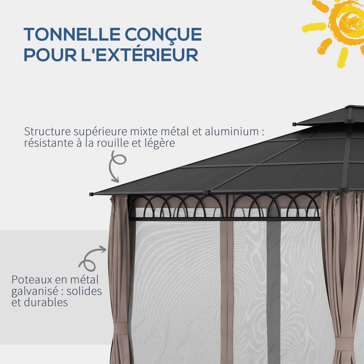 OUTSUNNY Pavillon de jardin tonnelle rigide dim. 3,6L x 3l x 2,78H m rideaux latéraux anti-UV structure gris toit polycarbonate noir