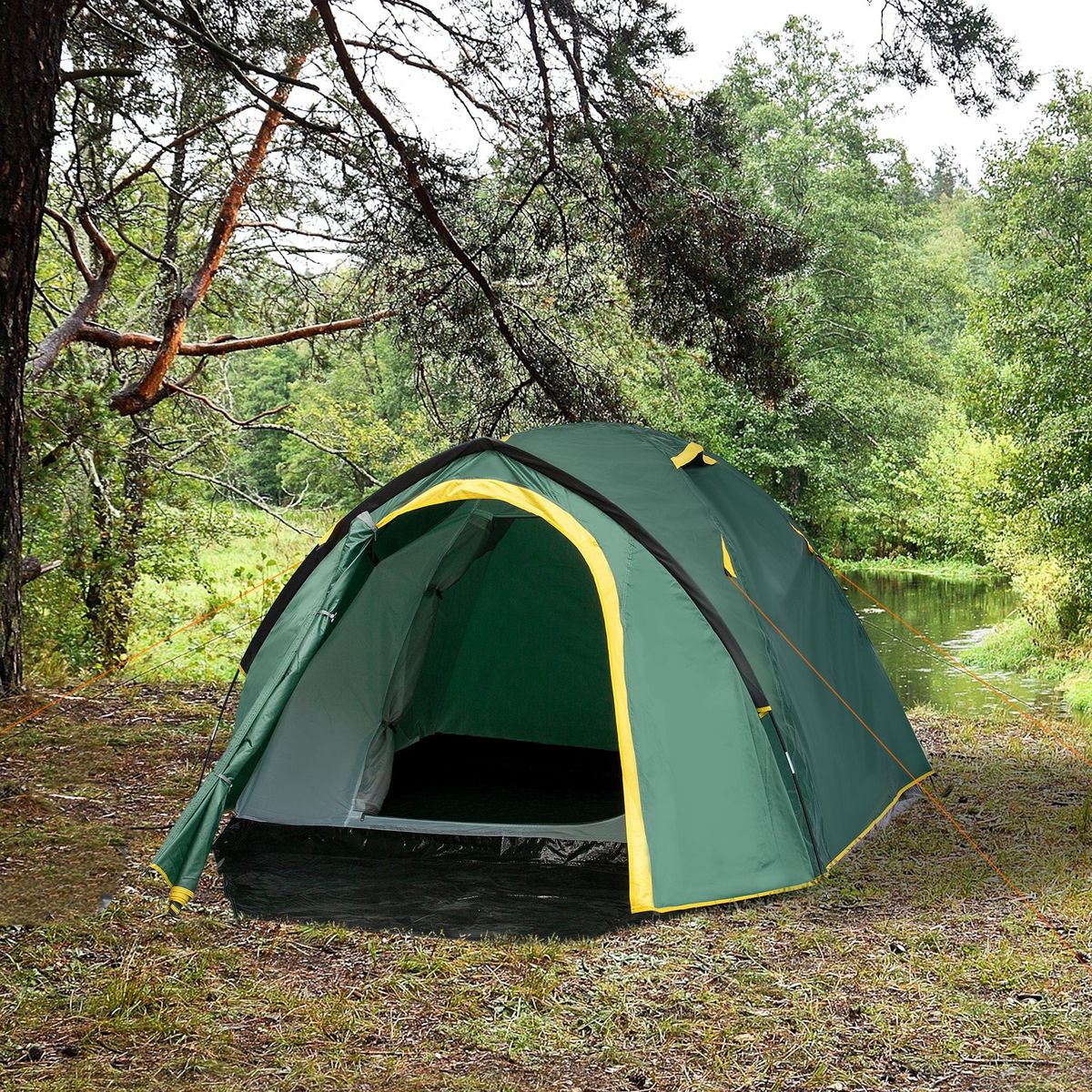 OUTSUNNY Tente de camping 2-3 personnes montage facile 2 portes fenêtres dim. 3,25L x 1,83l x 1,3H m fibre verre polyester PE vert