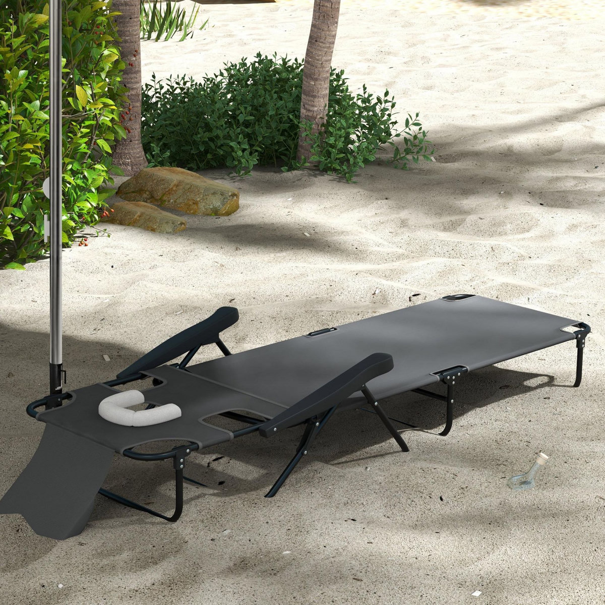 OUTSUNNY Bain de soleil transat pliable inclinable - coussins, espace tête - acier noir polyester antracite