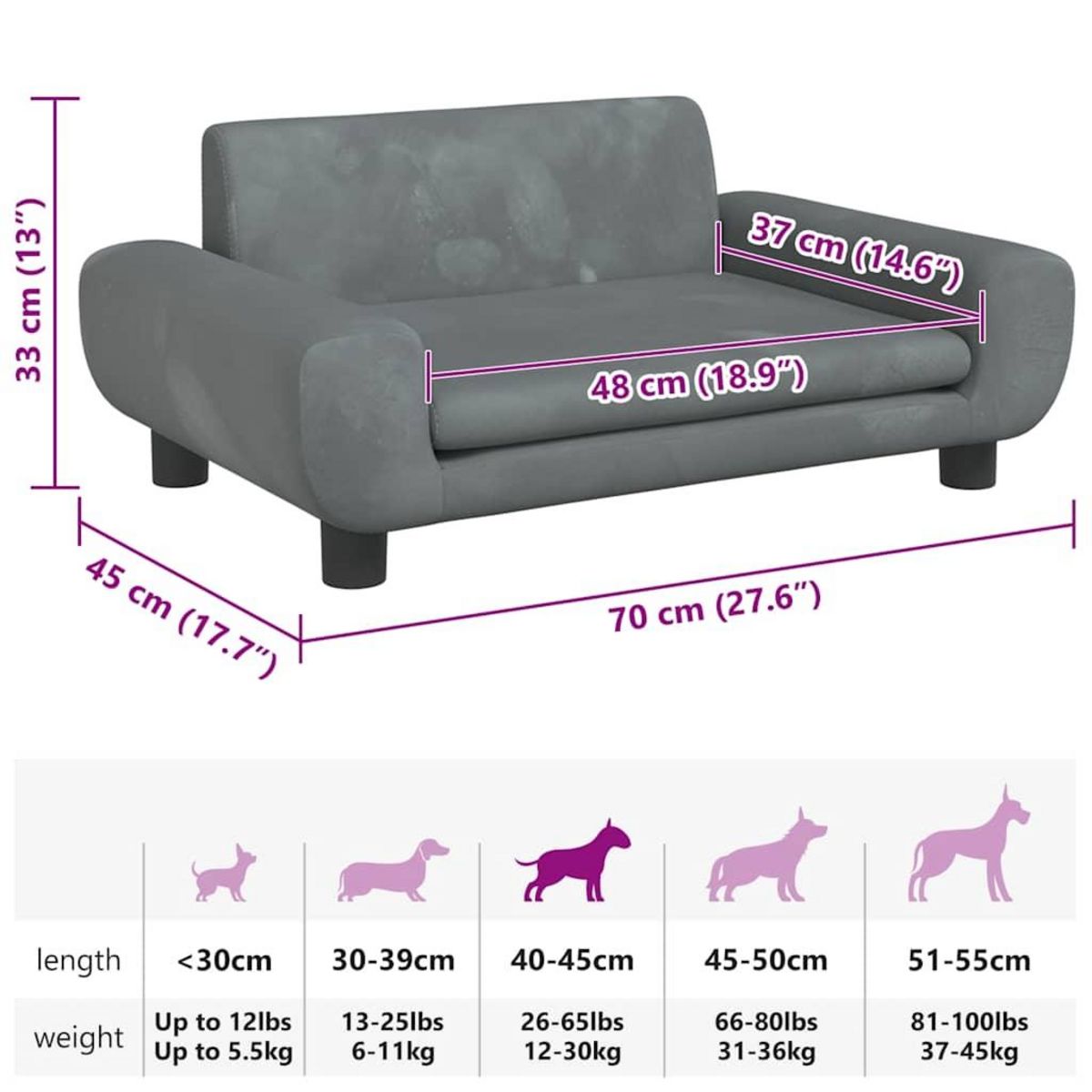 VIDAXL Lit pour chien gris fonce 70x45x33 cm velours
