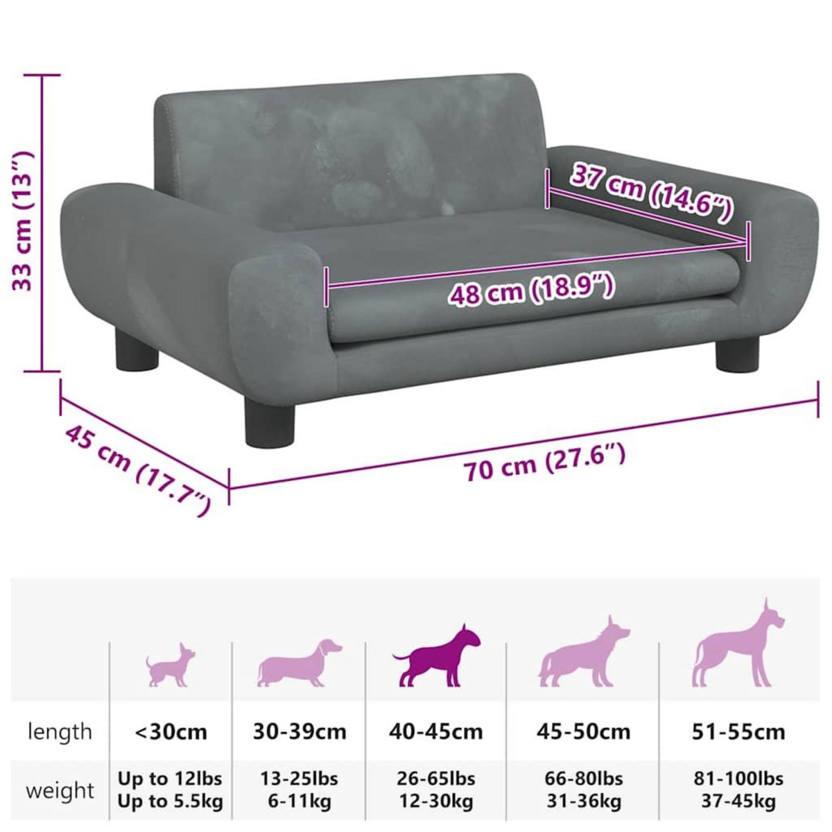 VIDAXL Lit pour chien gris fonce 70x45x33 cm velours