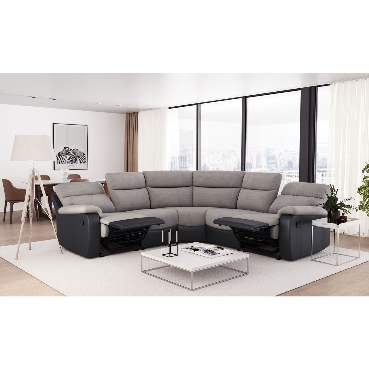 Canapé d'angle 6 places relax manuel simili / Tissu HELENE