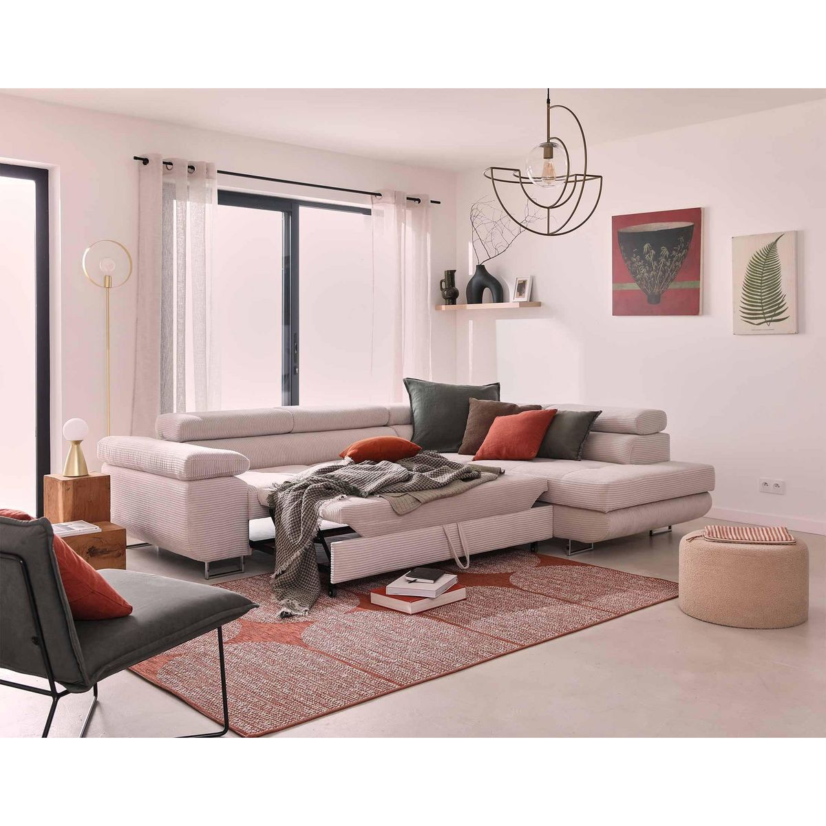 BEST MOBILIER Zaria - canapé d'angle droit - convertible avec coffre et têtières réglables - 5 places - en velours côtelé