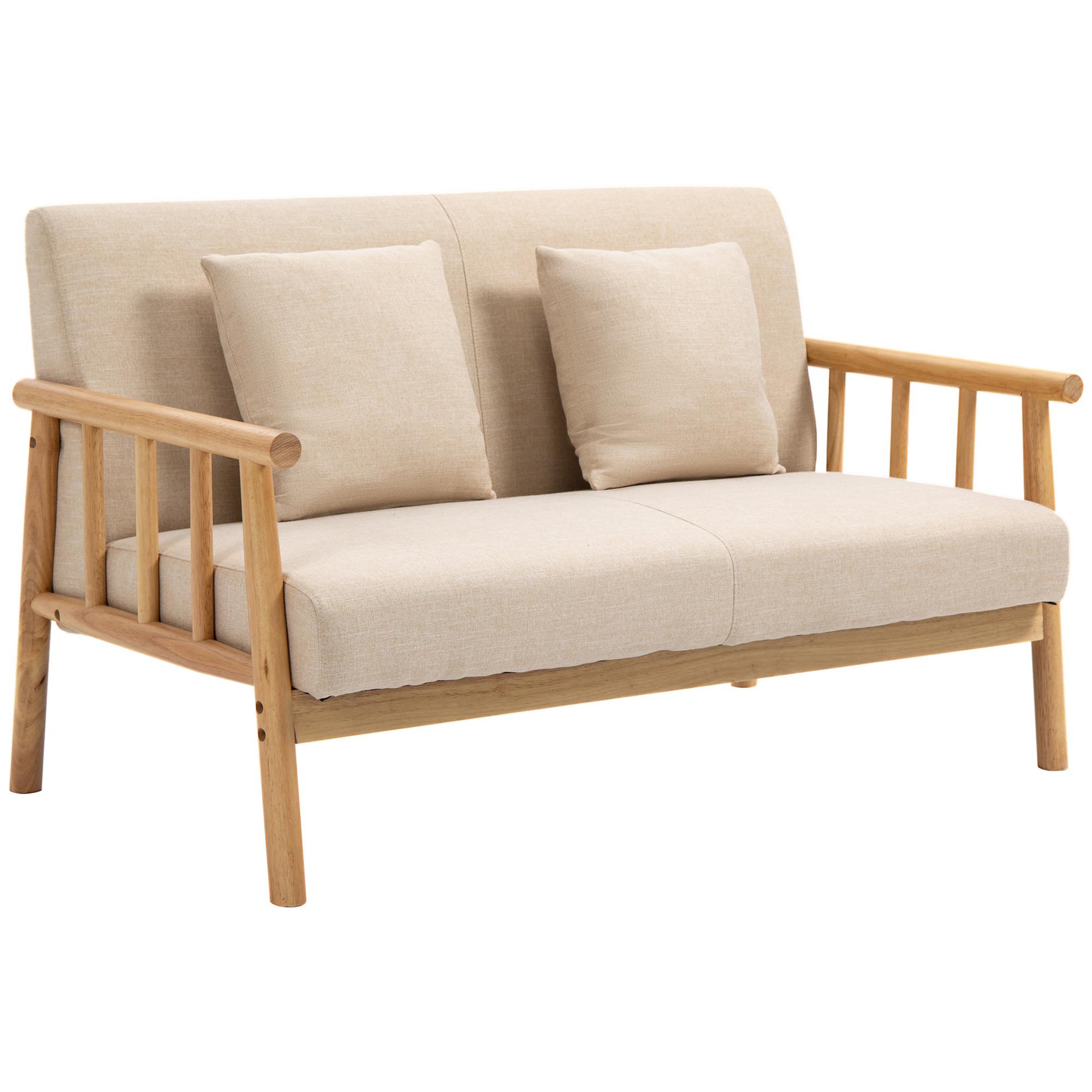 Voir la diapositive 4 : HOMCOM Canapé lounge 2 places - 2 coussins inclus - assise profonde - accoudoirs - structure bois hévéa - aspect lin beige