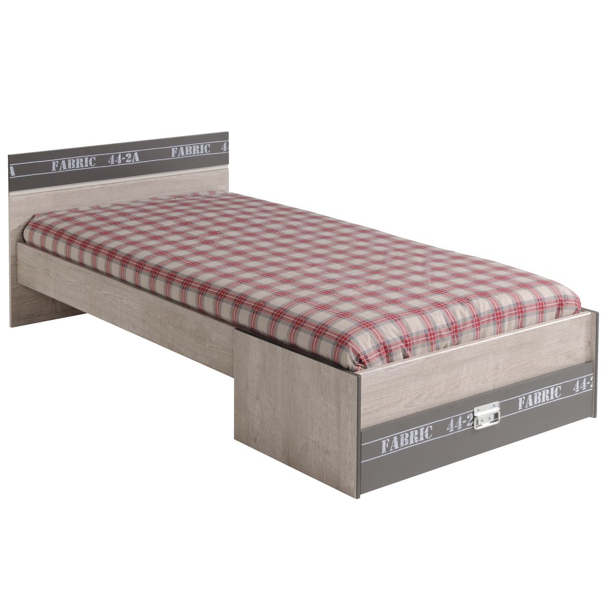 Lit junior style industriel couchage 90x200cm + 1 tiroir de rangement bout de lit LOFTY