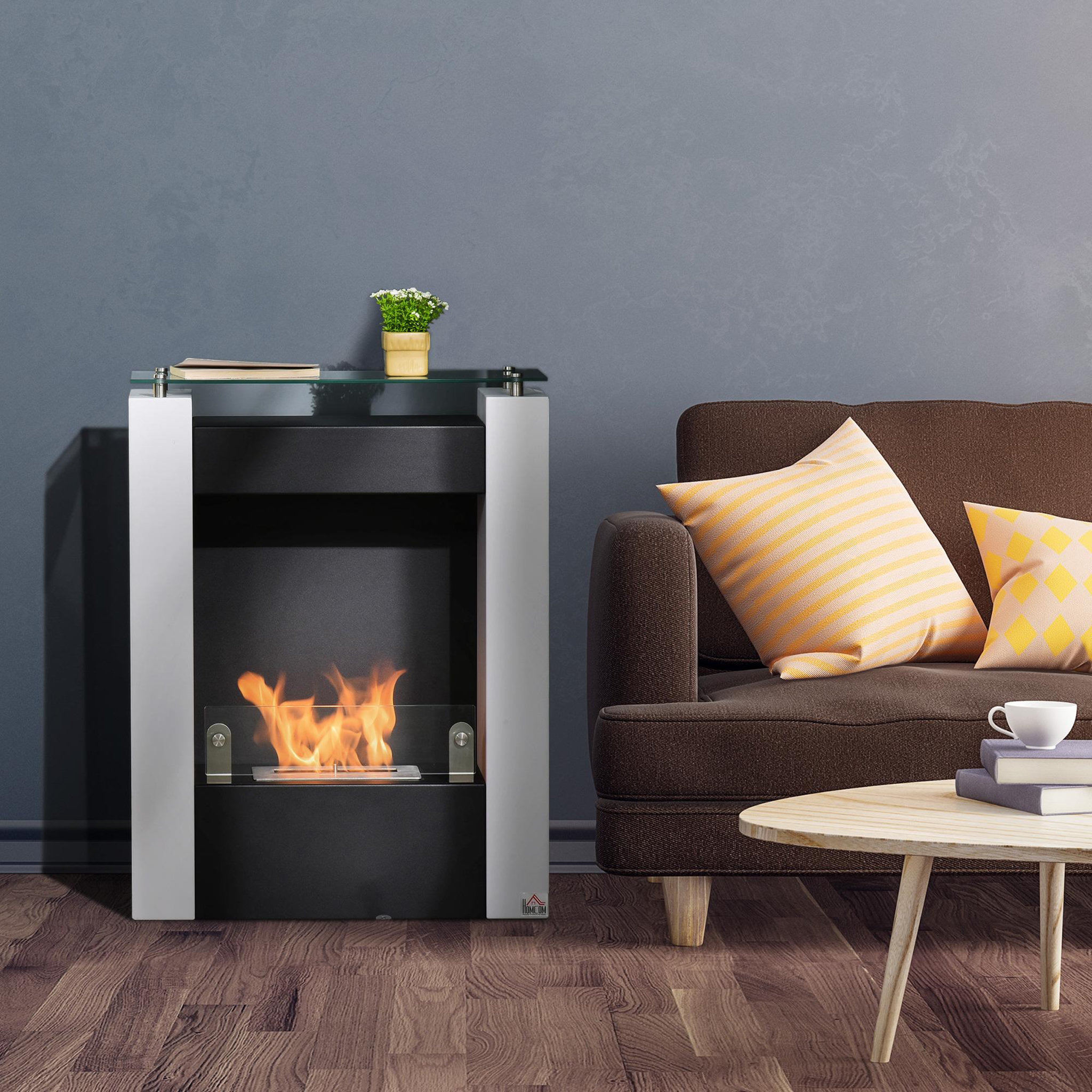 Voir la diapositive 2 : HOMCOM Cheminée bioéthanol design contemporain - étagère, pare-feu verre trempé 6 mm - brûleur 0,9 l - contrôle de flamme et manche inclus - acier noir blanc