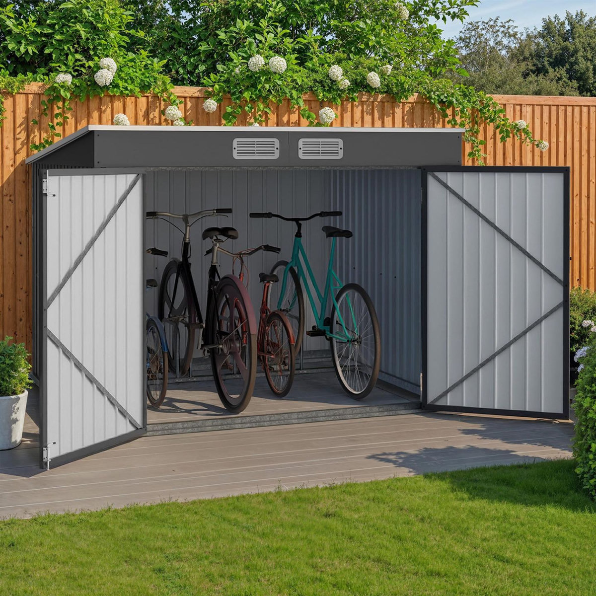 ID MARKET Abri à vélos en métal gris anthracite verrouillable avec kit d'ancrage pour 4 vélos